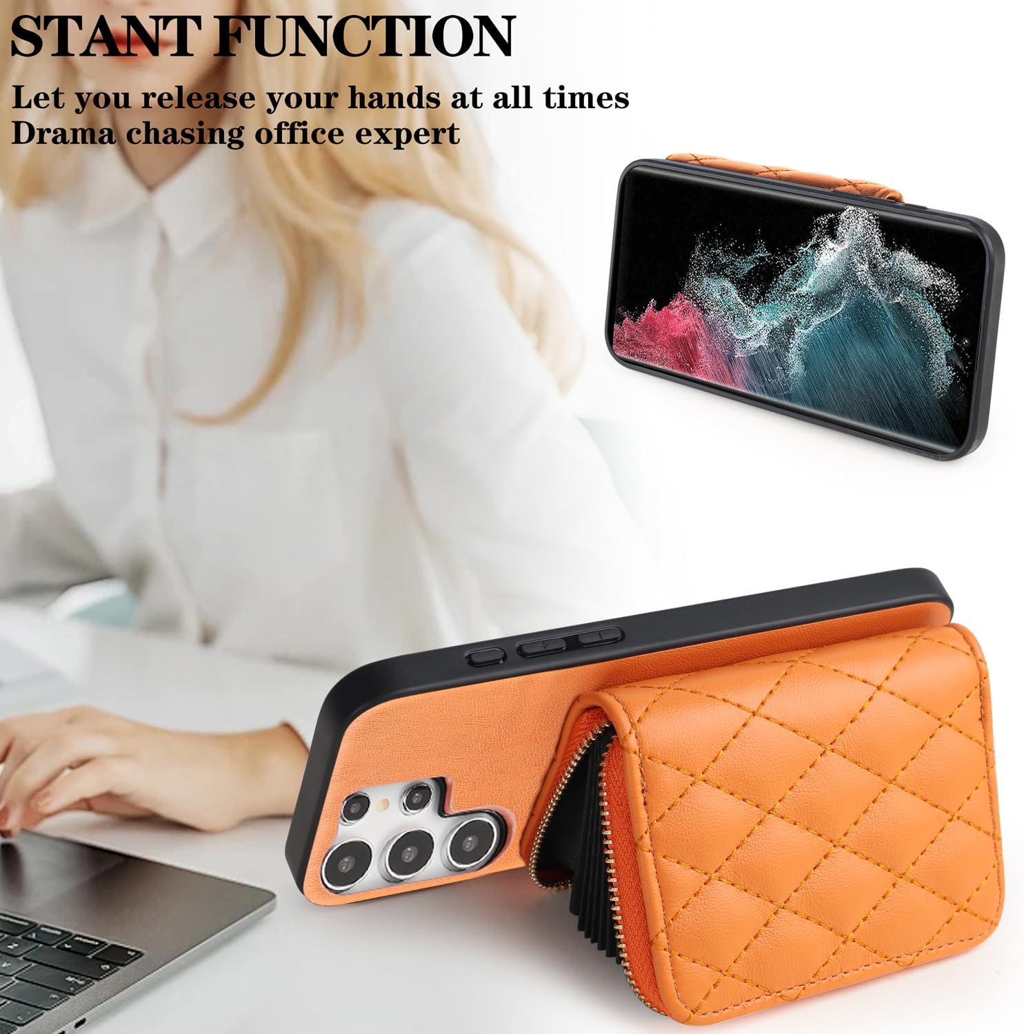 Argyle Wallet Cover for Samsung Galaxy S26 Ultra 5G with Screen Protector Shoulder Strap PU Leather Zipper Organ Card Holder Stand Phone Case for S26Ultra 26S S 26 26Ultra 6.9 2026 Girls Orange