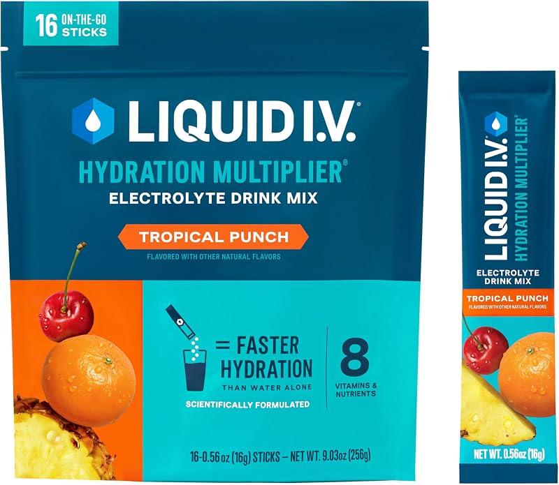 Liquid I.V. Hydration Electrolytes, Tropical Punch, 16 Count | Scientifically Formulated | Clinically Proven Hydration | No Artificial Sweeteners | Non-GMO | Vegan | Powder Drink Mix