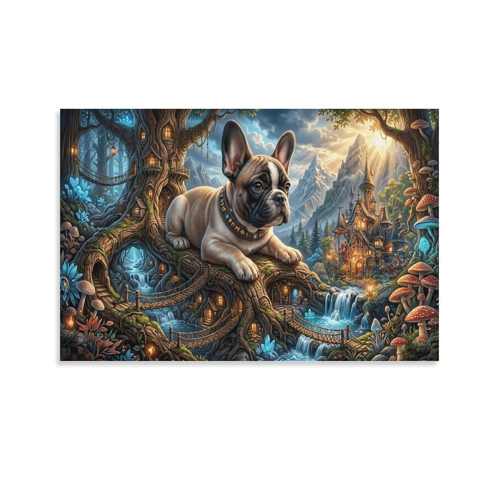 XPASHIQWC French Bulldog Wall Decor Poster Treehouse Waterfall Giclee Canvas Prints Modern Canvas Wall Art Picture Wall Hanging for Office Gym Living Room Decor 20x30inch(50x75cm)