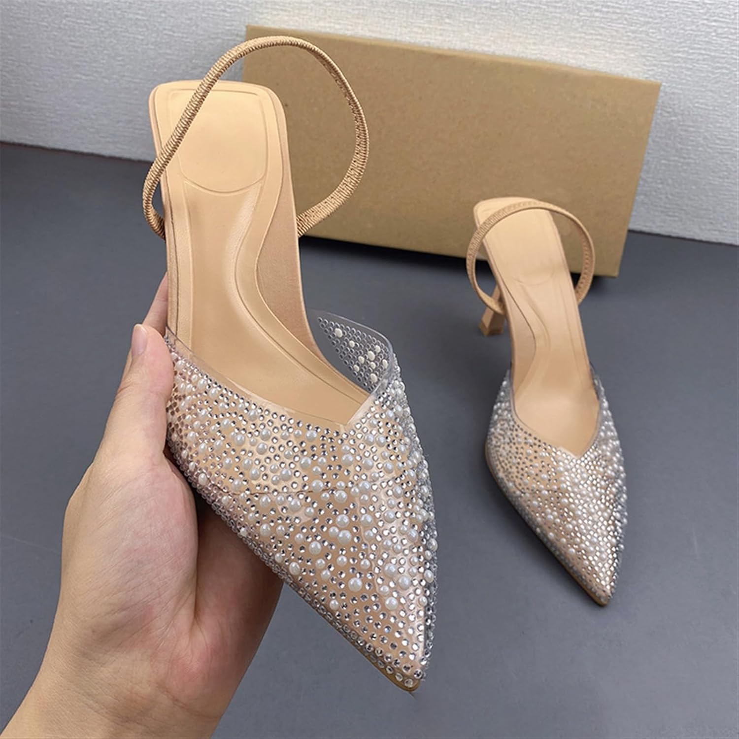 Sangeuhhlk Fashion Slingback Pumps Shoes for Women with Pearl Studded Pointed Toe Kitten Mid Heels Rhinestone Sandals Crystal Dress Party Office Shoe