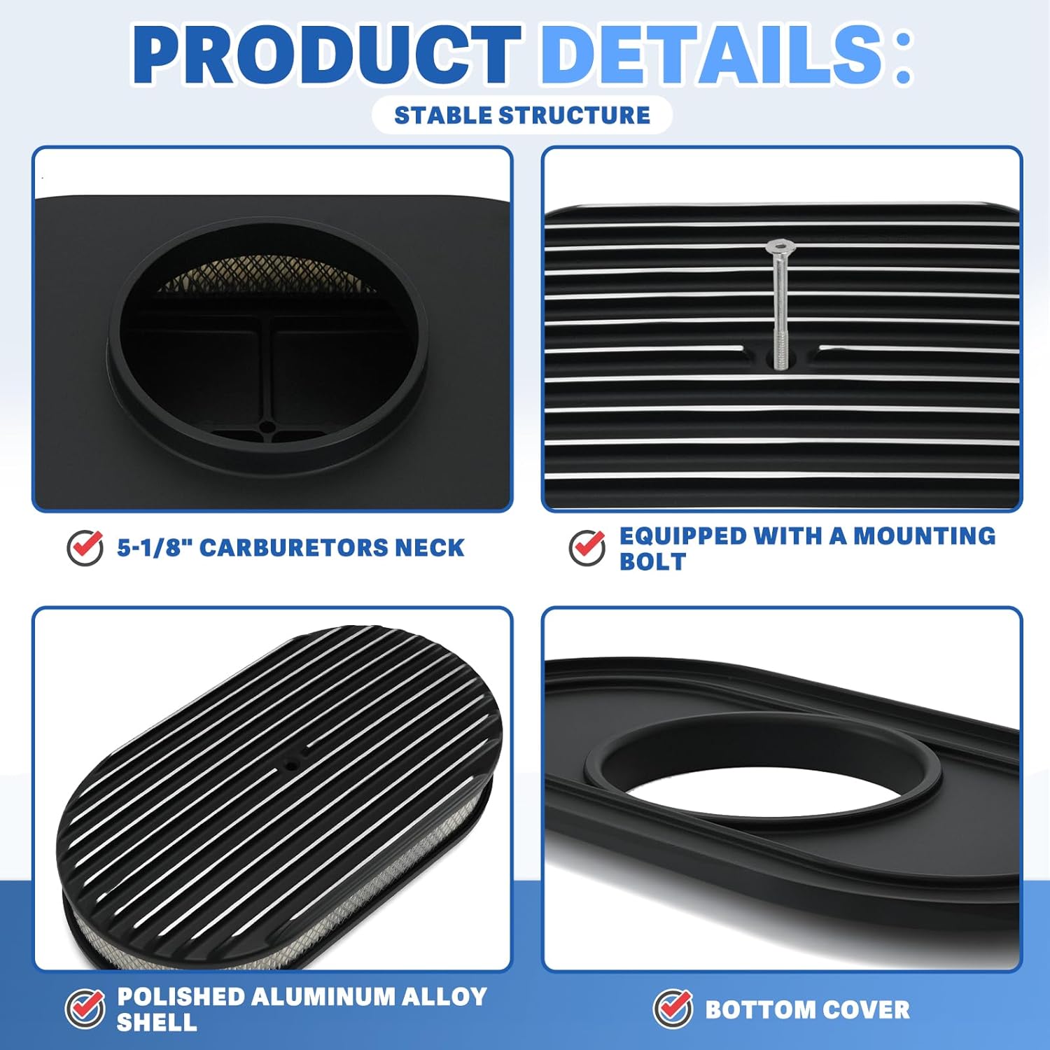 Universal 15'' Oval Fully Finned Air Cleaner, with Mounting bolt Black Aluminum Alloy Oval Polished Full Finned