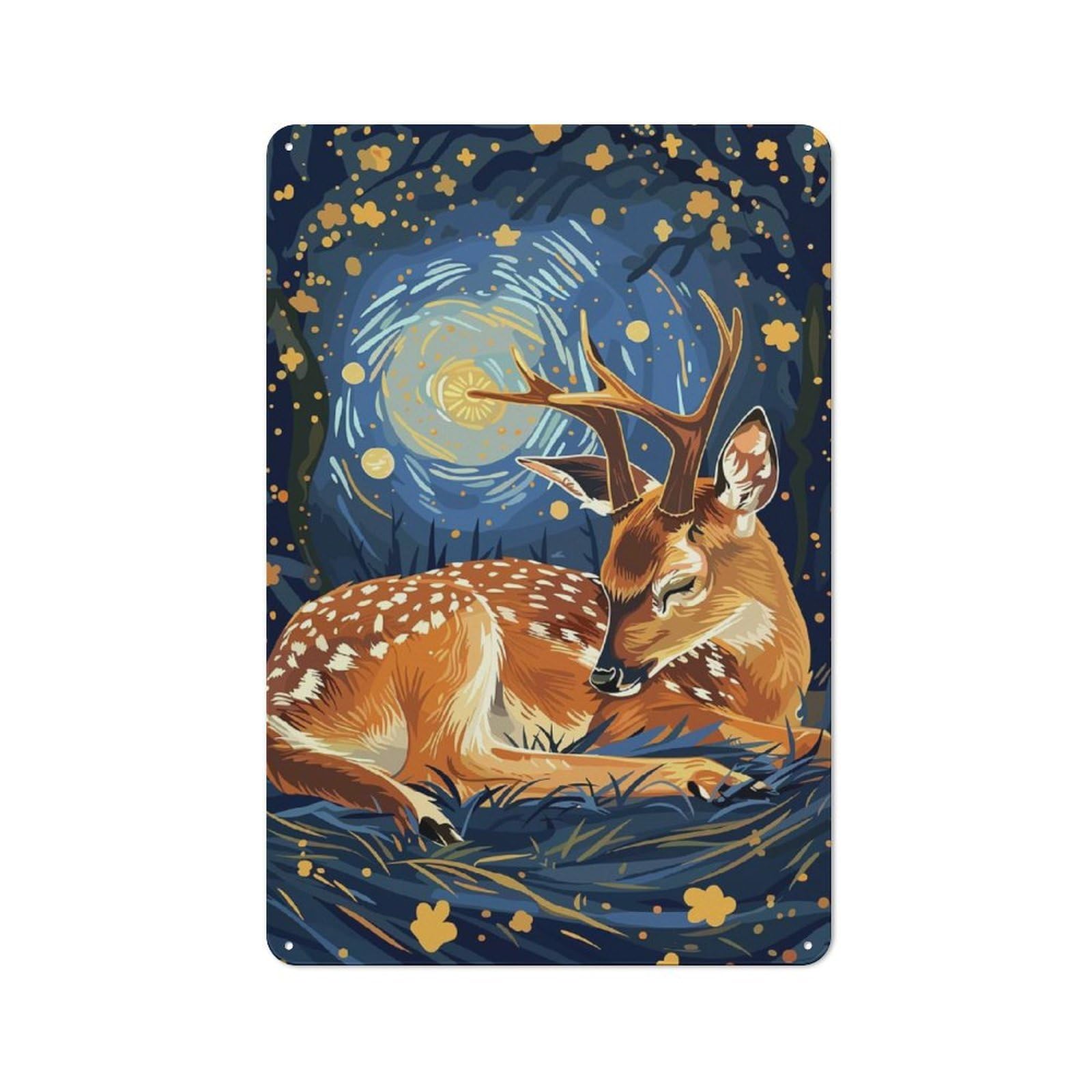 Junmoney Resting Deer In Starry Night Vintage Tin Sign 30X20cm For Garden Room Or Summerhouse, For A Newly Organised Room And Metal Sign Display