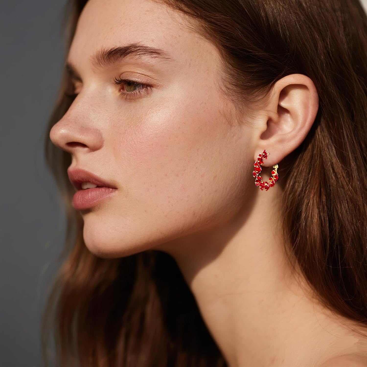 Gold Red Crystal Hoop Earrings 14K Gold Hoop Earrings Red Crystal Chunky Hoops Trendy Hypoallergenic Jewelry Gifts for Women 30MM - Image 2