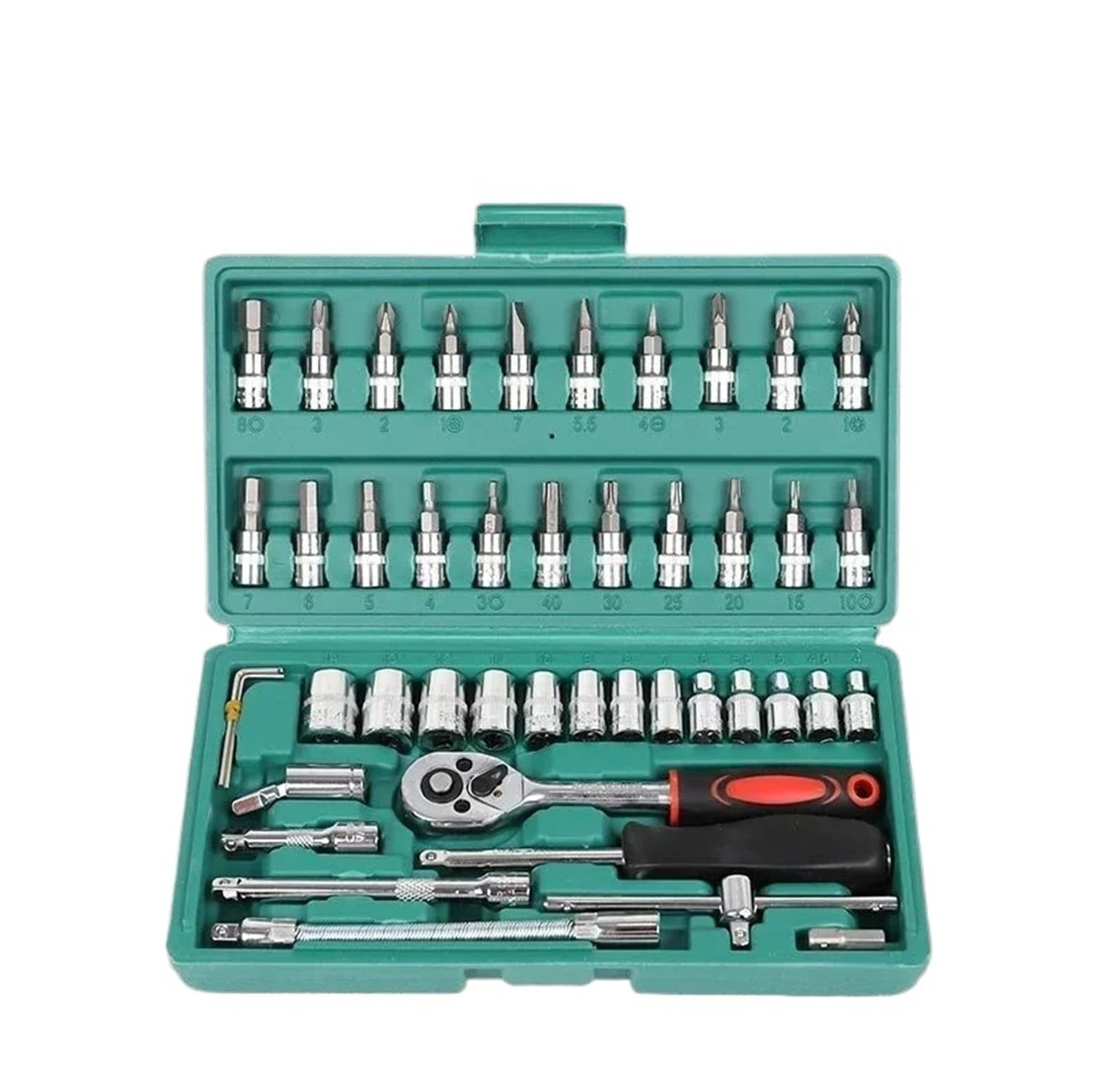 Yonghpq Led+10M 46Pcs Socket Set Car Repair Tool Ratchet Wrench Pawl Spanner Screwdriver Professional Metalworking Kit(Led+10M)