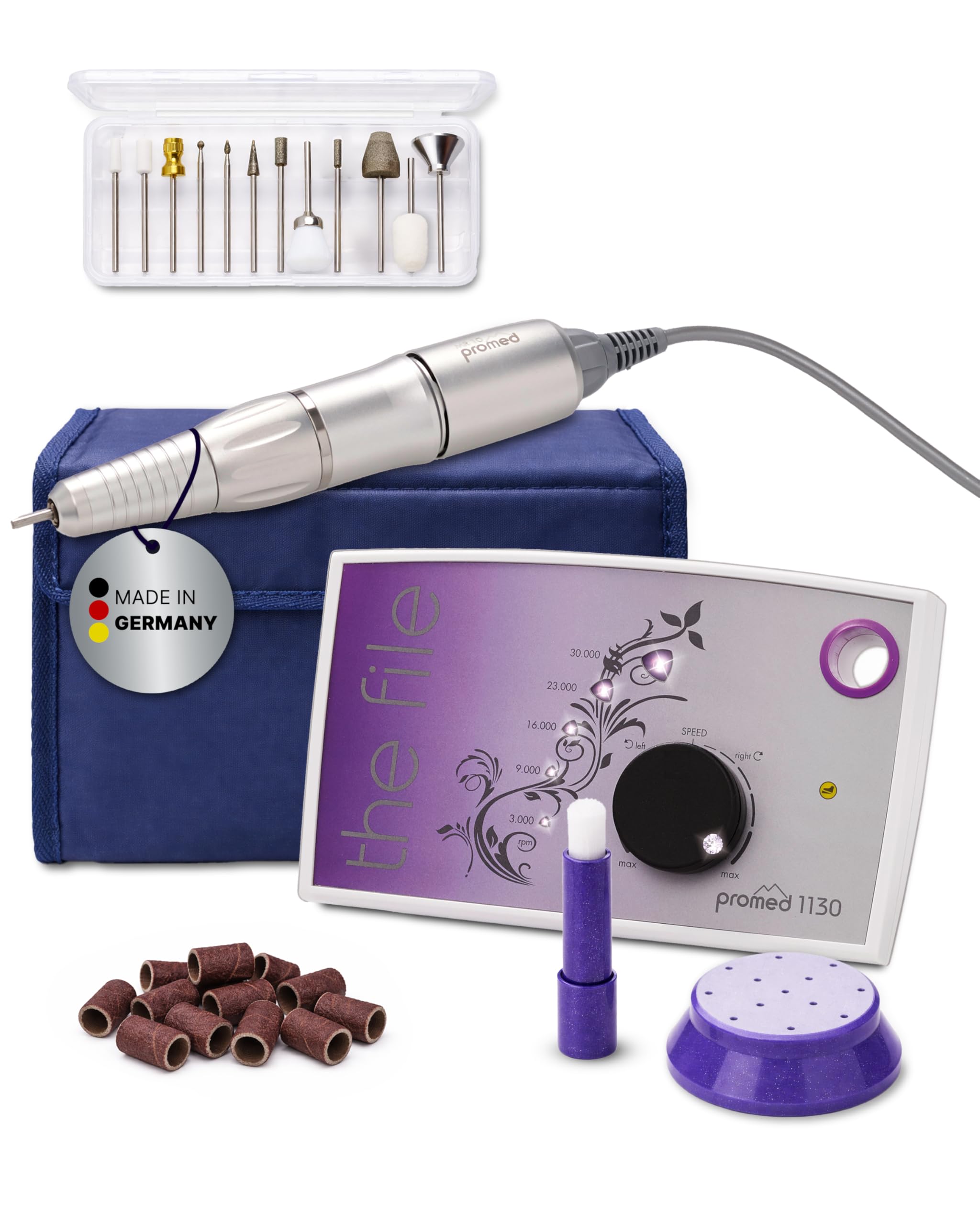 Promed the file 1130 elektrische Nagelfeile, Professioneller Nagelfräser inkl.18-teiligem Profizubehör für Nailart/Nageldesign, elektrisches Nagelfräser-Set für Maniküre/Pediküre, 30000 U/min