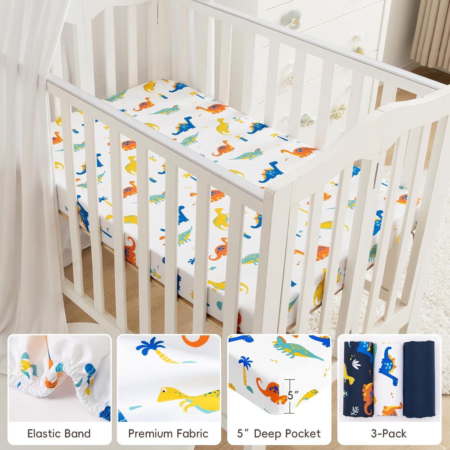 david's kids 3 Pack Mini Crib Sheets, Soft Breathable Premium Pack N Play Sheets for Baby Boys Girls Neutral, Playard and Mini Crib Mattresses, Dinosaur
