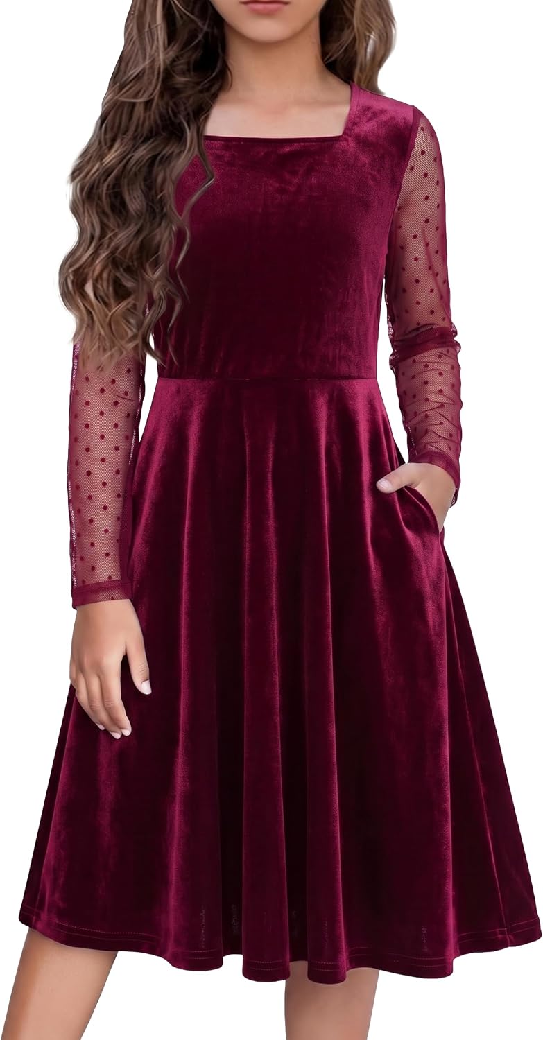 Girls Velvet Dress Contrast Mesh Long Sleeve Christmas Dresses