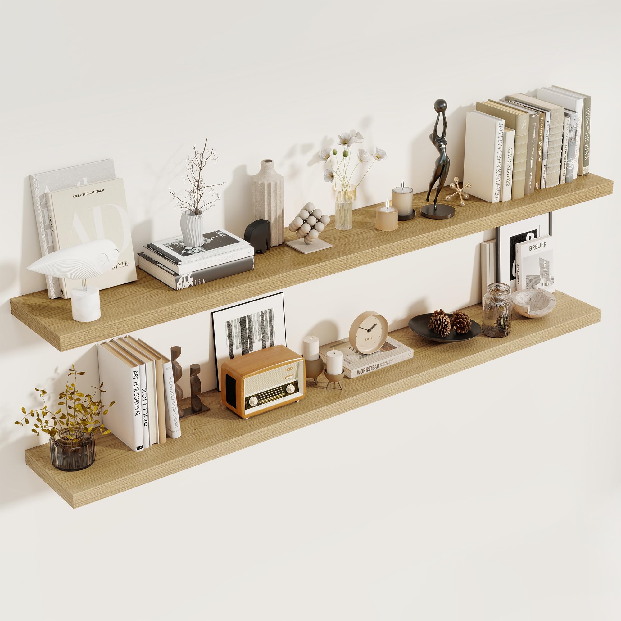Photo 1 of *Minor damage* 72 Inch Floating Shelves 2 Pack, 8 Inch Deep Floating Shelf Wall Mounted, Large Shelves with Invisible Bracket for Books|Storage, Rustic Wood Wall Shelf for Bedroom, Kitchen, Living Room, Oak