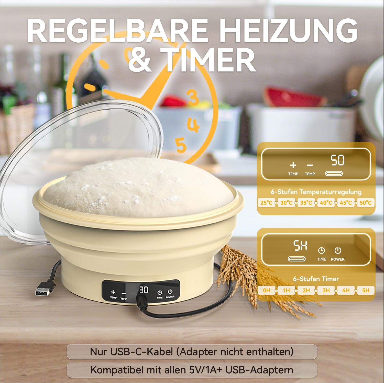 MOWETOO Gärkörbchen mit Heizfunktion und Timer – Rundes Silikon Gärkorb 23cm Brot Backen Zubehör für Sauerteig inkl. Teigschneebesen Teigteiler Silikonpinsel Brotrasierer
