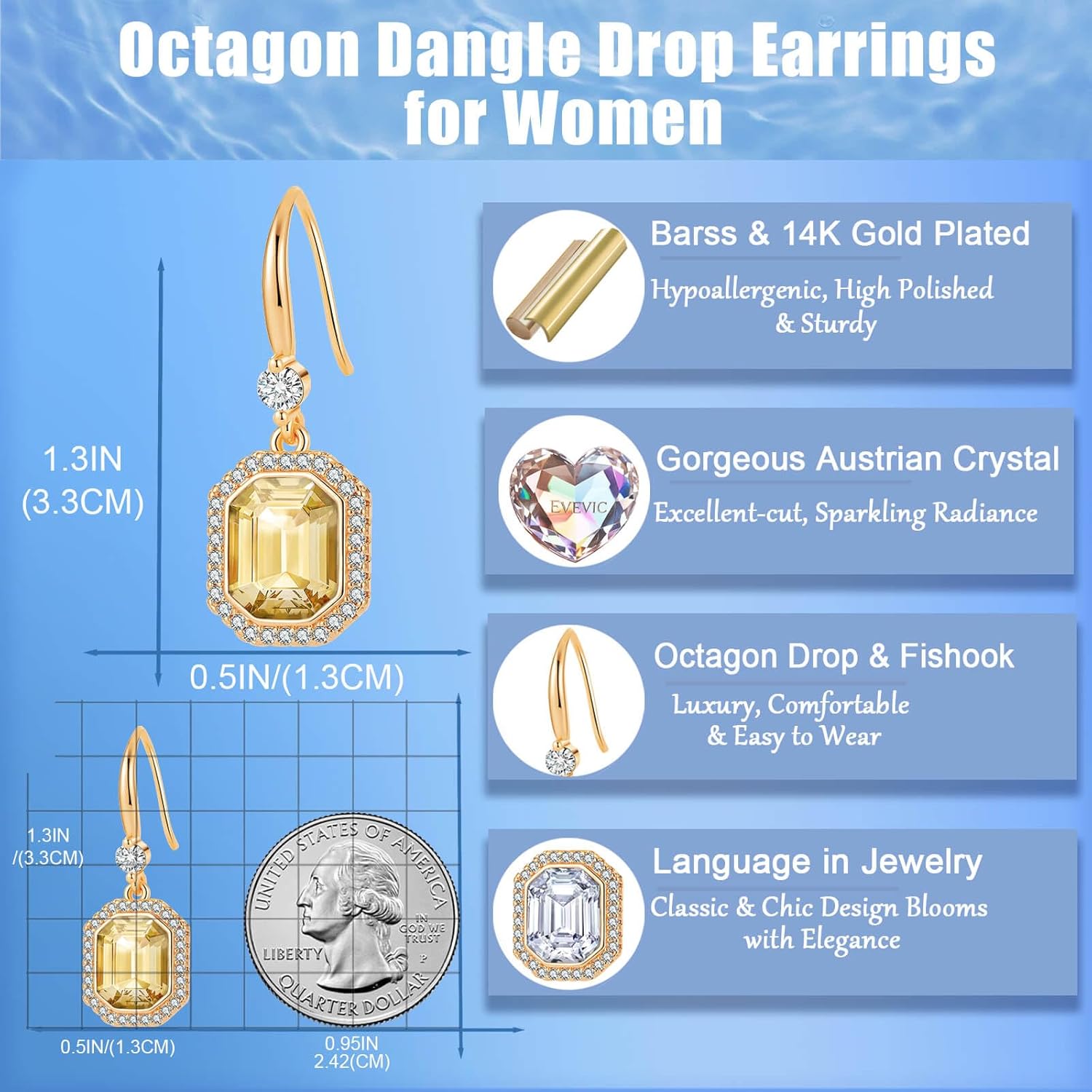 EVEVIC Austrian Crystal Halo Octagon Drop Dangle Earrings for Women 14K Rose Gold Plated Jewelry Gifts for Women - Image 4