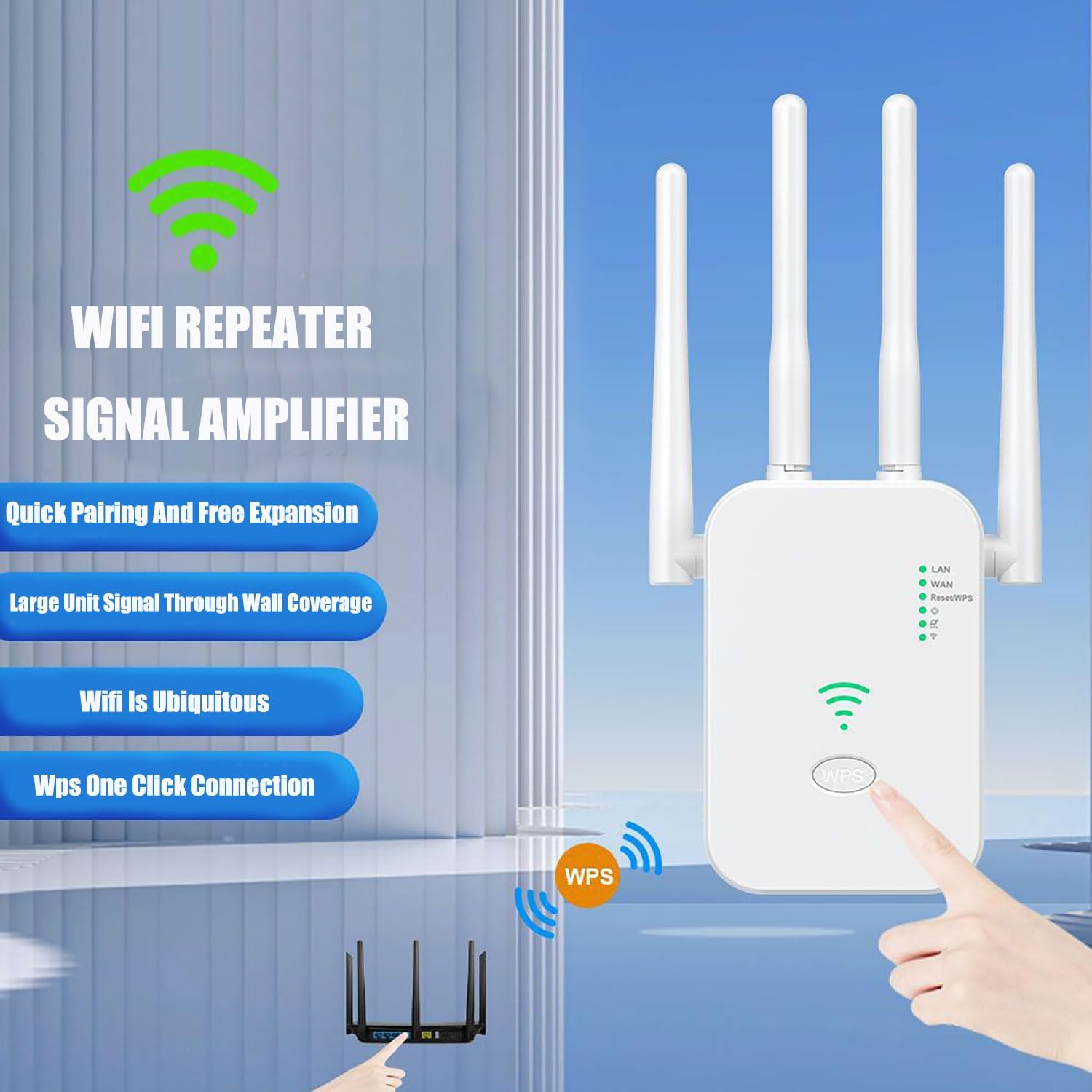 Generic U14 WiFi Repeater Signal Amplifier with text highlighting quick pairing and wide coverage