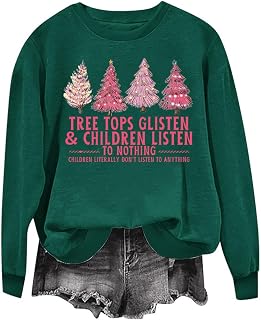 Sudadera con ilustración para mujer, diseño de árbol de Navidad, color rosa, con estampado de letras, casual, manga larga, dobladillo acanalado, sin botones, cuello redondo, con texto en inglés
