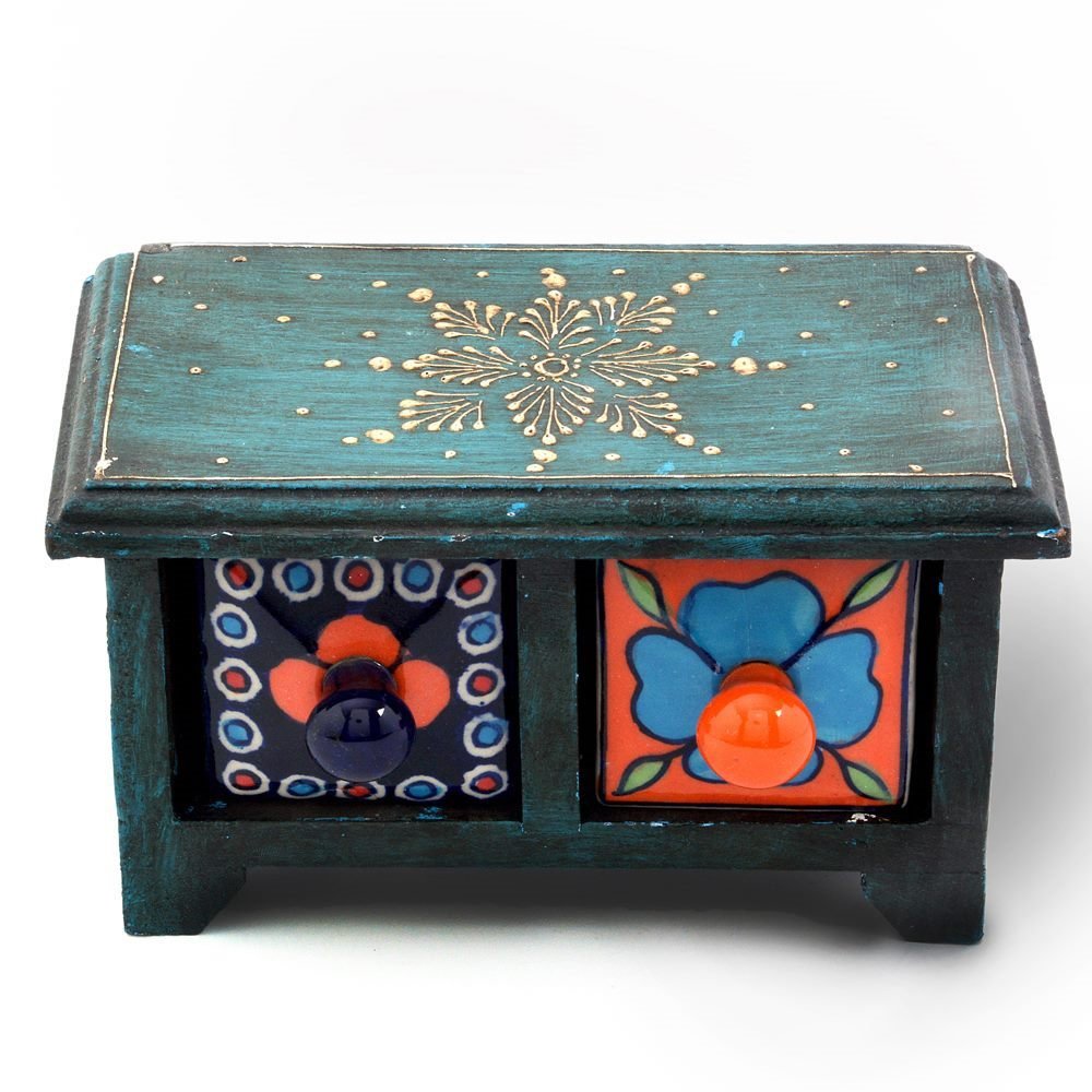 Little India Wooden Ceramic Blue Pottery Double Drawer Set - Multicolour