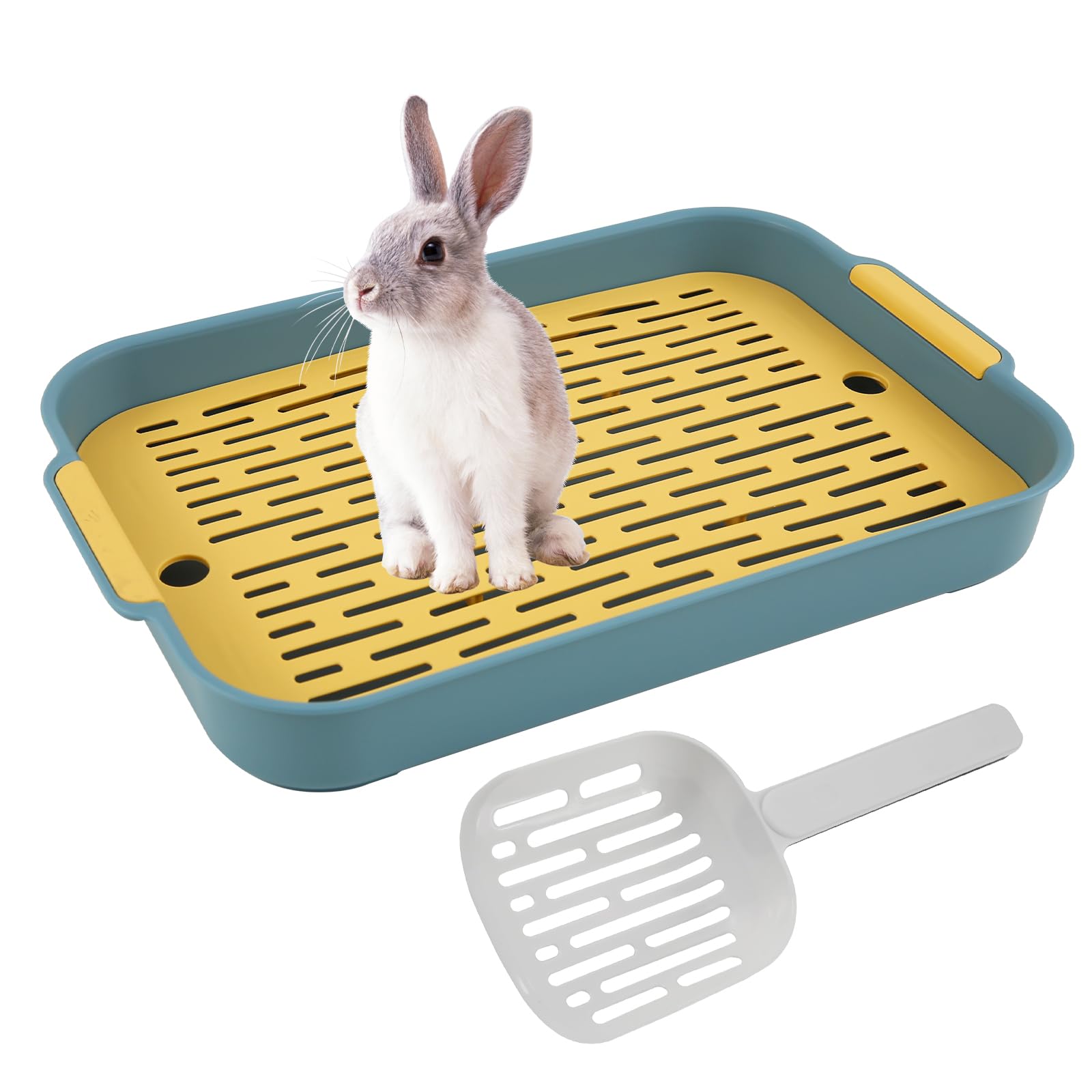 cupeohome Rabbit Litter Tray Large, Rabbit Toilet with Sand Scoop, Rectangular Litter Box with Grid, 2 Tier Flat Toilet Tray, Small Pet Litter Box Potty for Bunny, Guinea Pig, Cat (Blue)
