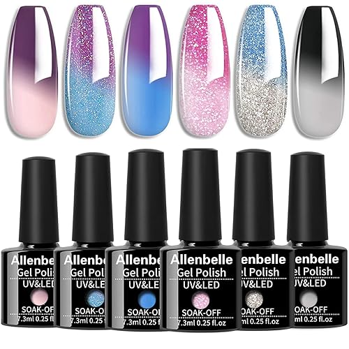 Allenbelle Juego de esmalte de uñas que cambia de color, juego de esmalte de gel que cambia de color, esmalte de uñas de gel LED UV (001)