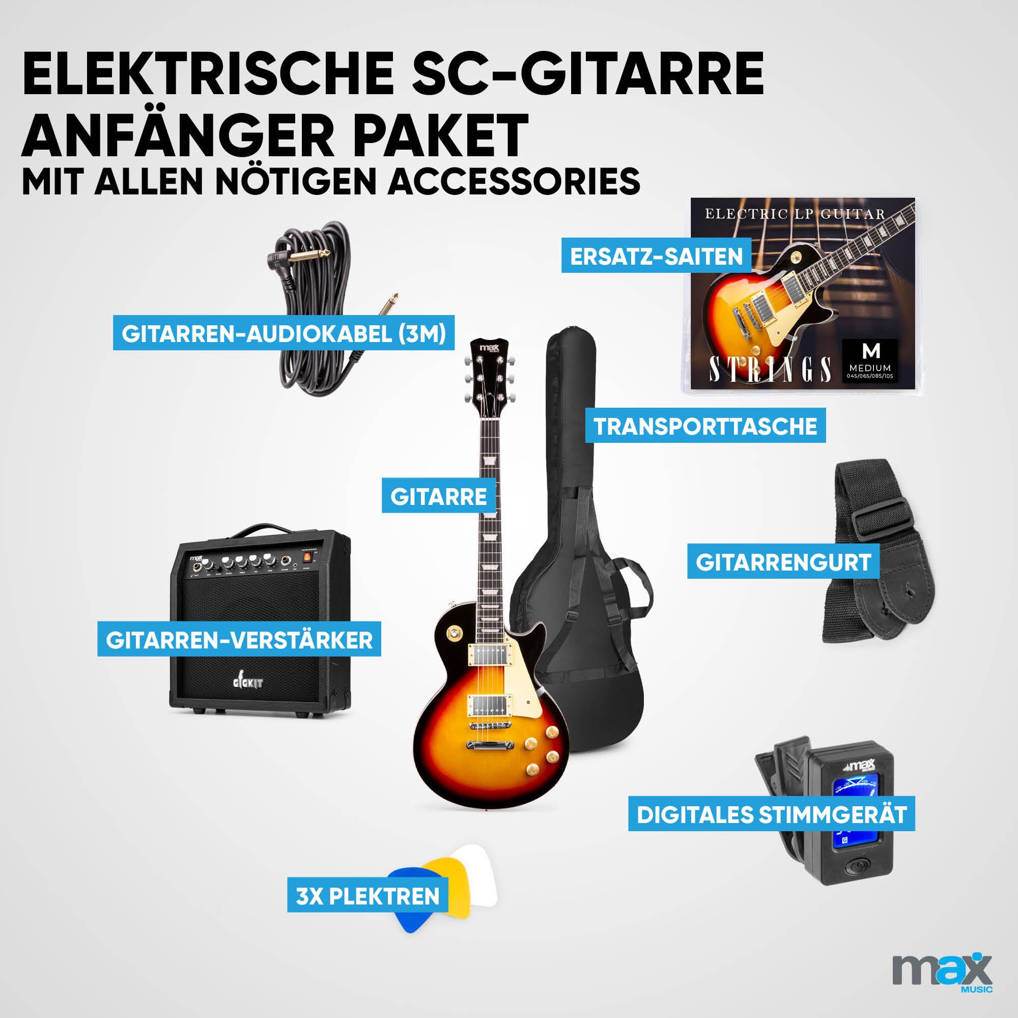 Max GigKit SC E Gitarre, E Gitarren Set mit Gitarrenverstärker, Tasche, Plektrum, Stimmgerät, Instrumentenkabel, Ersatzsaiten, Gitarrengurt, 22 Bünde - Sunburst