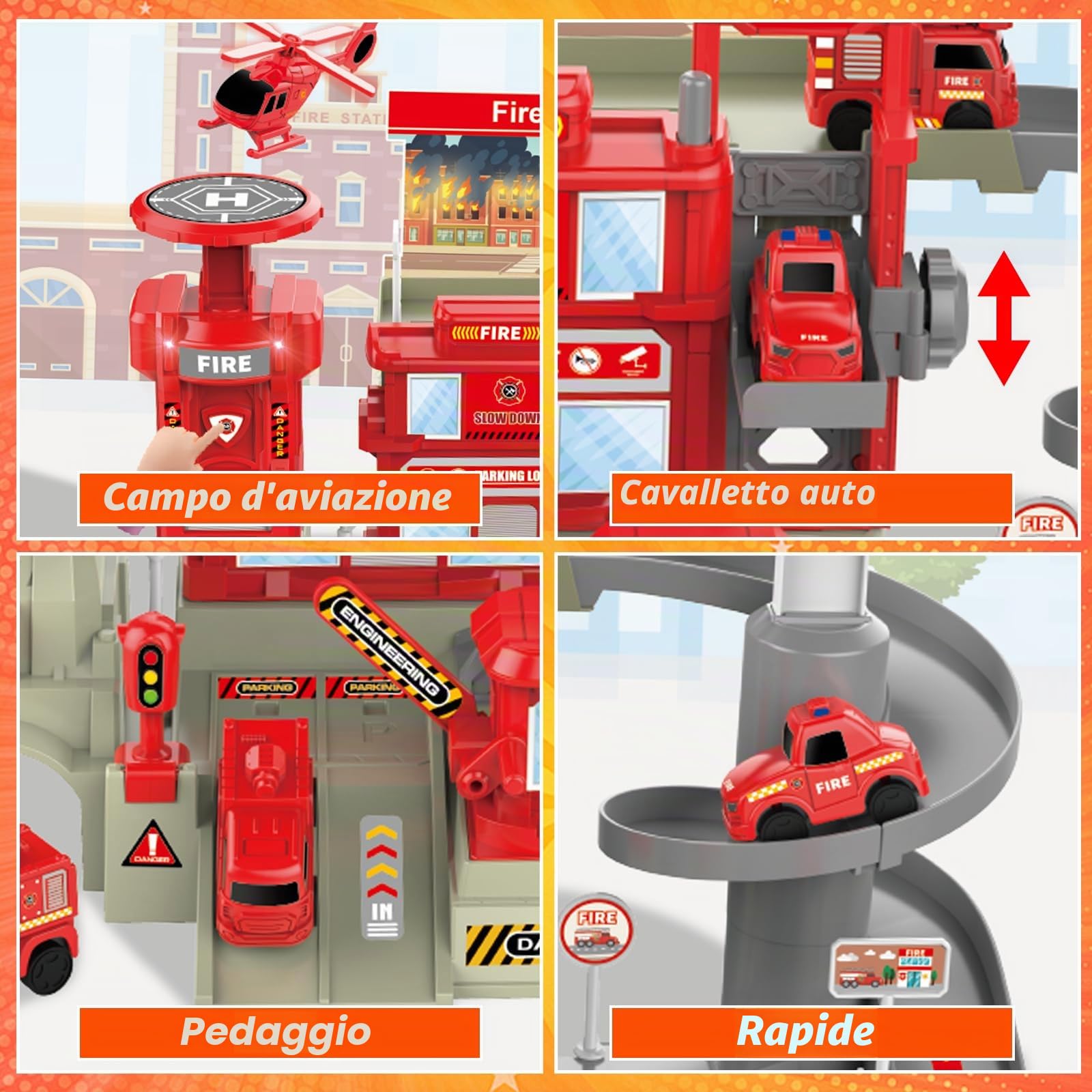 deAO Camion Pompieri Giocattolo 2 Piani con 3 Auto ed Elicottero 3+ Anni | ABS, 27×40×23 cm, Garage Caserma con Luci e Suoni, Piattaforma Lancio, Ascensore, 5 Cartelli + Adesivi, Gioco di Salvataggio