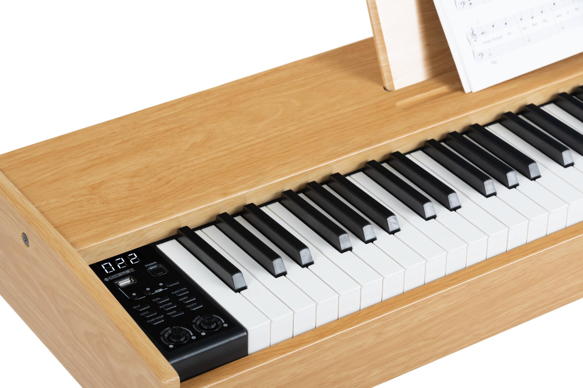 McGrey DP-17 AL Design Piano Set Frassino Chiaro, Polifonia a 128 voci | 88 tasti pesati con meccanica a martello, Dinamica di tocco (On, Off), 80 brani demo interni, 128 suoni, 2x cuffie, Cuffie