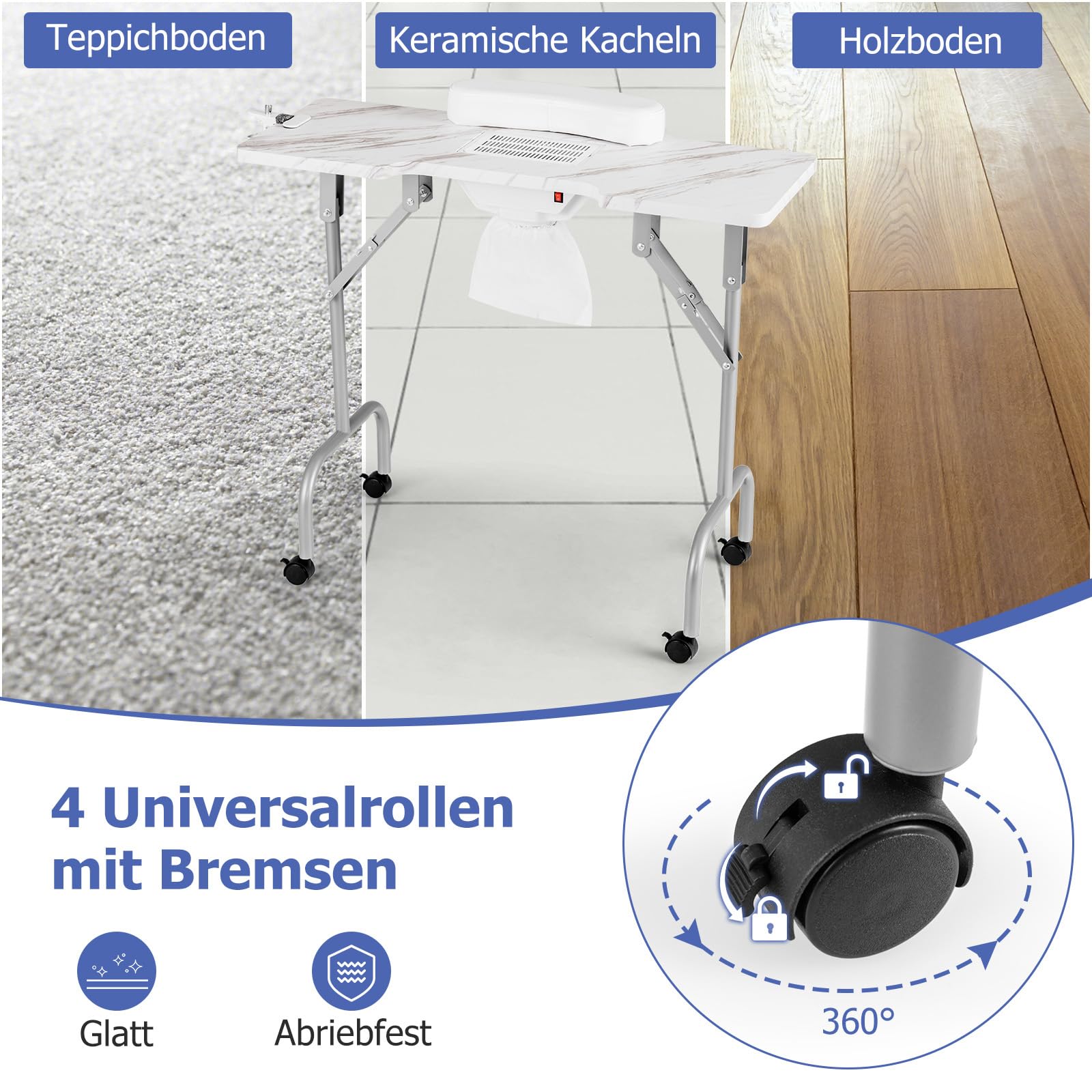 COSTWAY Maniküretisch klappbar, Nageltisch mit elektrischem Staubsammler, LED-Lampe, Handgelenkauflage & Rollen, Maniküre Tisch Marmor Optik, inkl. Tragetasche (Weiß)