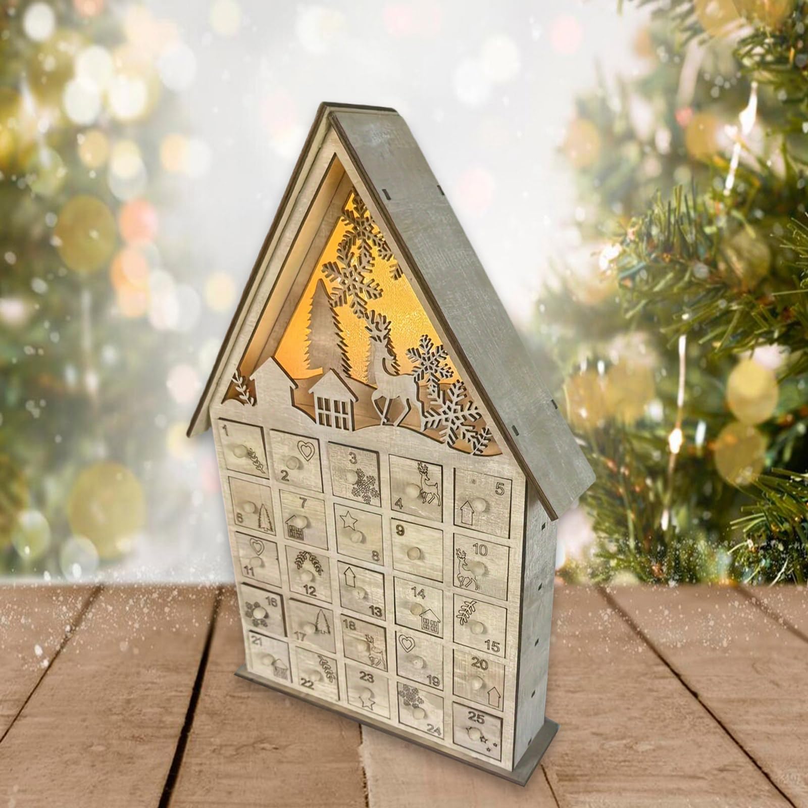 Festival Adventskalender Aus Geschnitztem Holz Beleuchteter Adventskalender Aus Holz Mit 24 Schubladen Und Weihnachtsbaum Rentier Dekorationen Einzigartige Weihnachten
