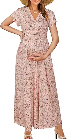 OUGES Maternity Maxi Dress Wrap V Neck Baby Shower Pregnancy Dresses for Photoshoot