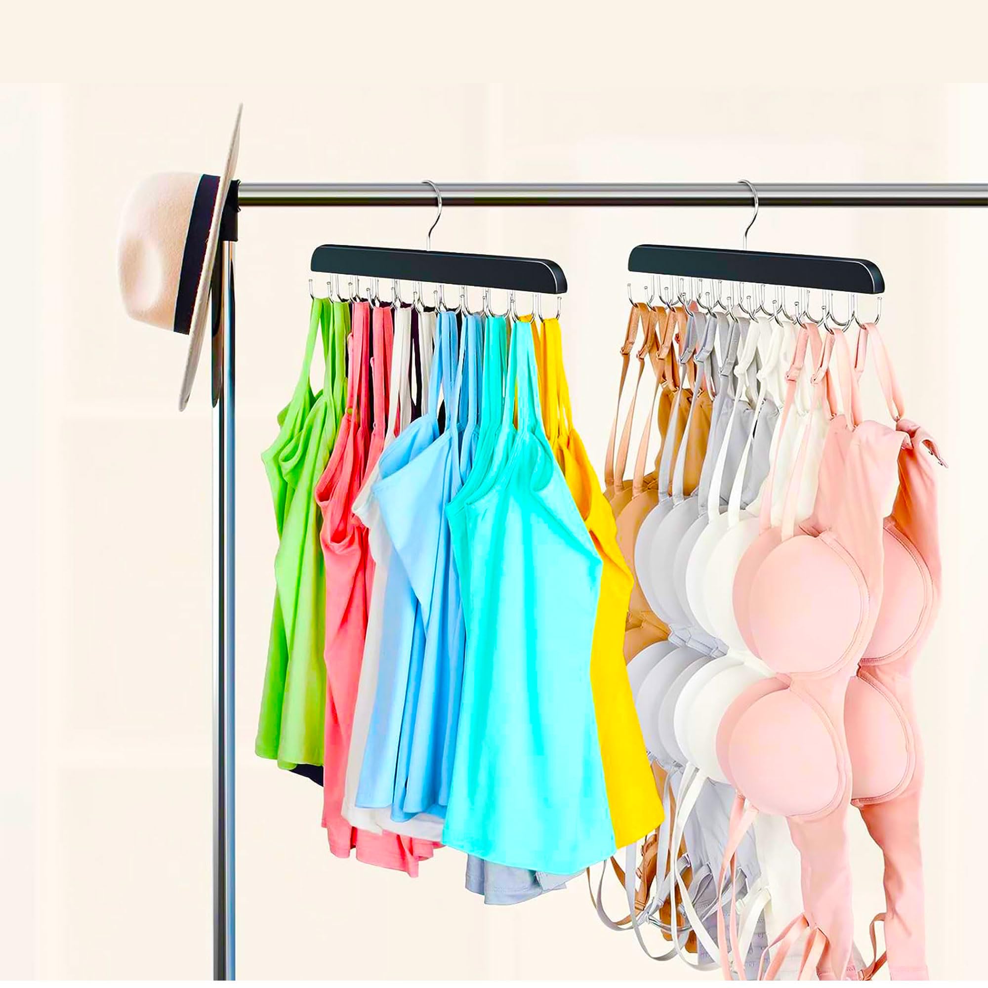 Bra Hangers for Closet Organizer, 2 Pack Space Saving Bra Hangers, Total 40 Hooks and 360°Rotating Rust Proof Hooks, Natural Woods Bra Organizer for Bras/Tank Tops/Ties/Belt Organizer (Black)