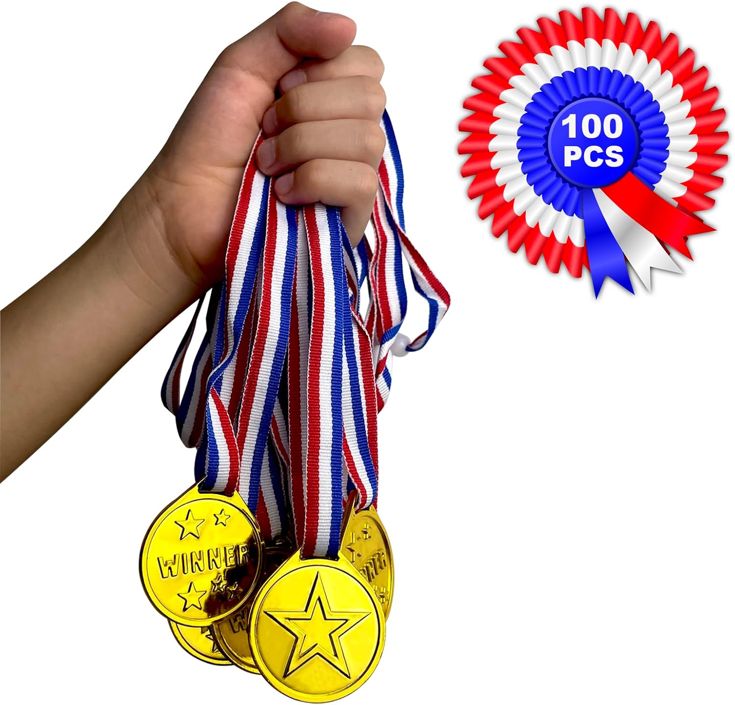 100 Pieces Plastic Gold Winner Medals,Winner Award Medals for Kids Sports,Games, Competition,Talent Show,Gymnastic,Party Favors & Souvenirs