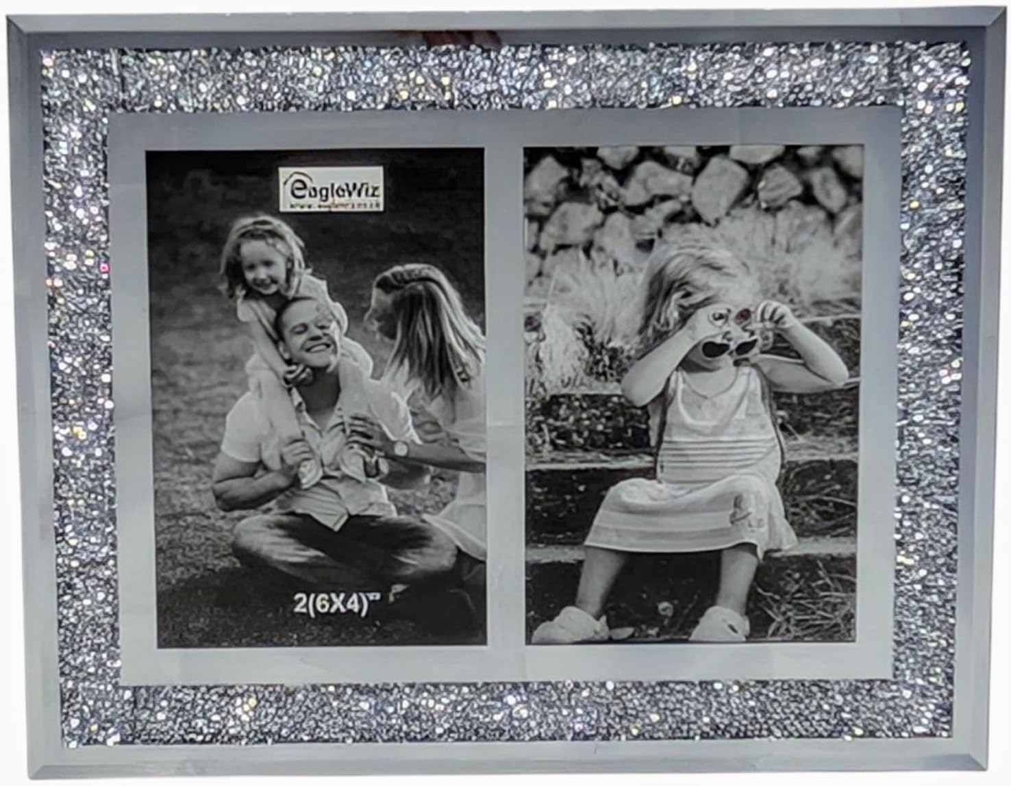 EagleWiz Double Glass Photo Frame with Crushed Crystal Rhinestone Silver
