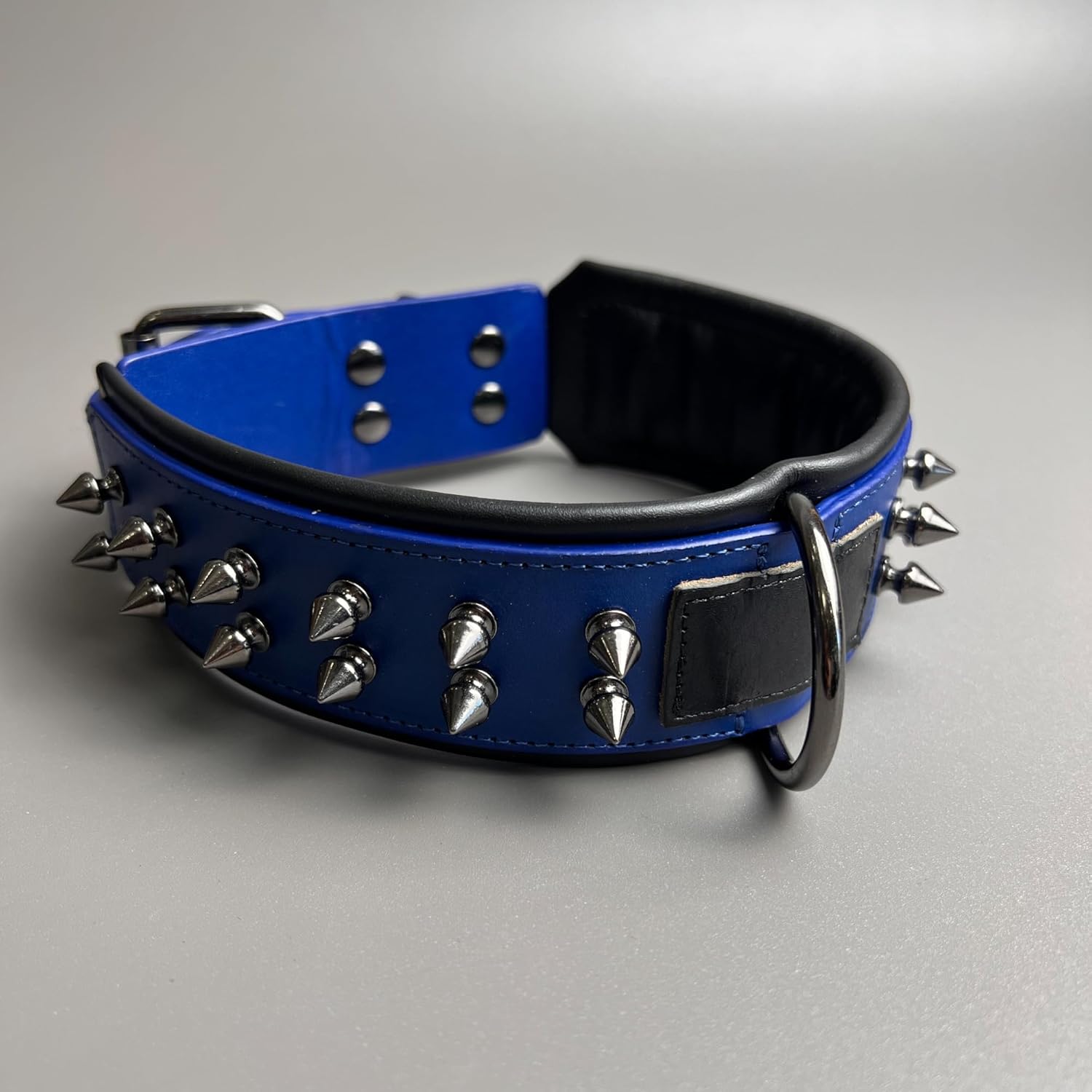 Luxury Leather Spike Dog Collar, Double-Layer Soft Cowhide, Punk Style for Medium and Large Dogs, Pit Bulls, Rowena (Blue,XL-Neck 49-57cm)