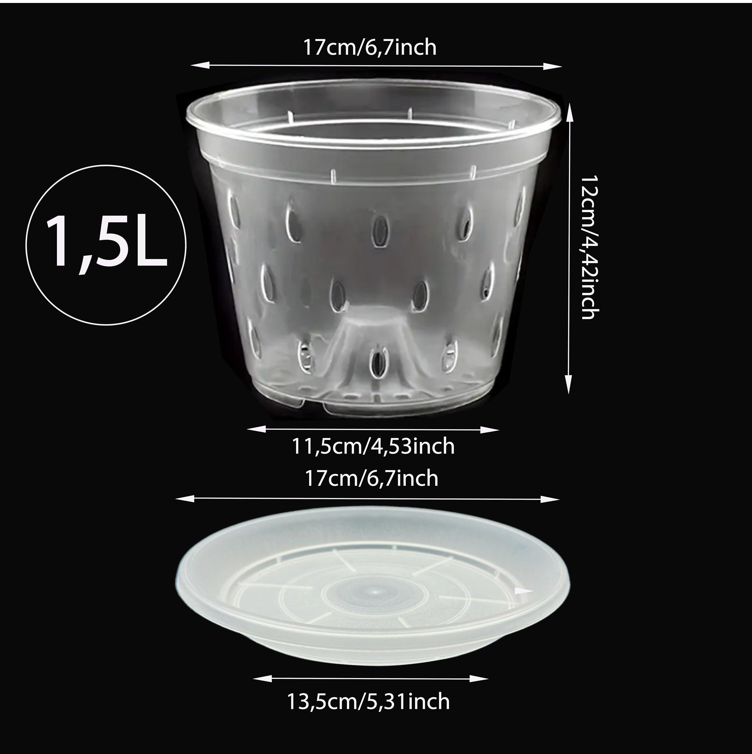 Garten lux Set of 10 Pcs. Transparent Orchid Pots with Drainage Holes diameter 6.70 Inch 1.5L. Diameter 17cm and 10pcs.Saucers Plastic for Indoor Use - Image 2