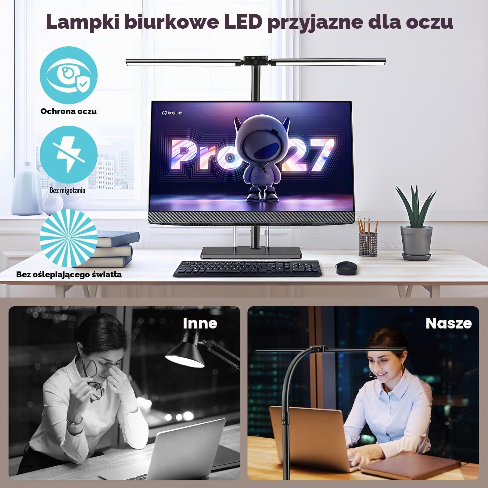 Euakee Lampa biurkowa LED z podwójnym głowicem, 80 cm, 24 W, możliwość ściemniania, lampa zaciskowa do home office, lampa chroniąca oczy, światło dzienne z pilotem, 10 kolorów, 10 poziomów jasności