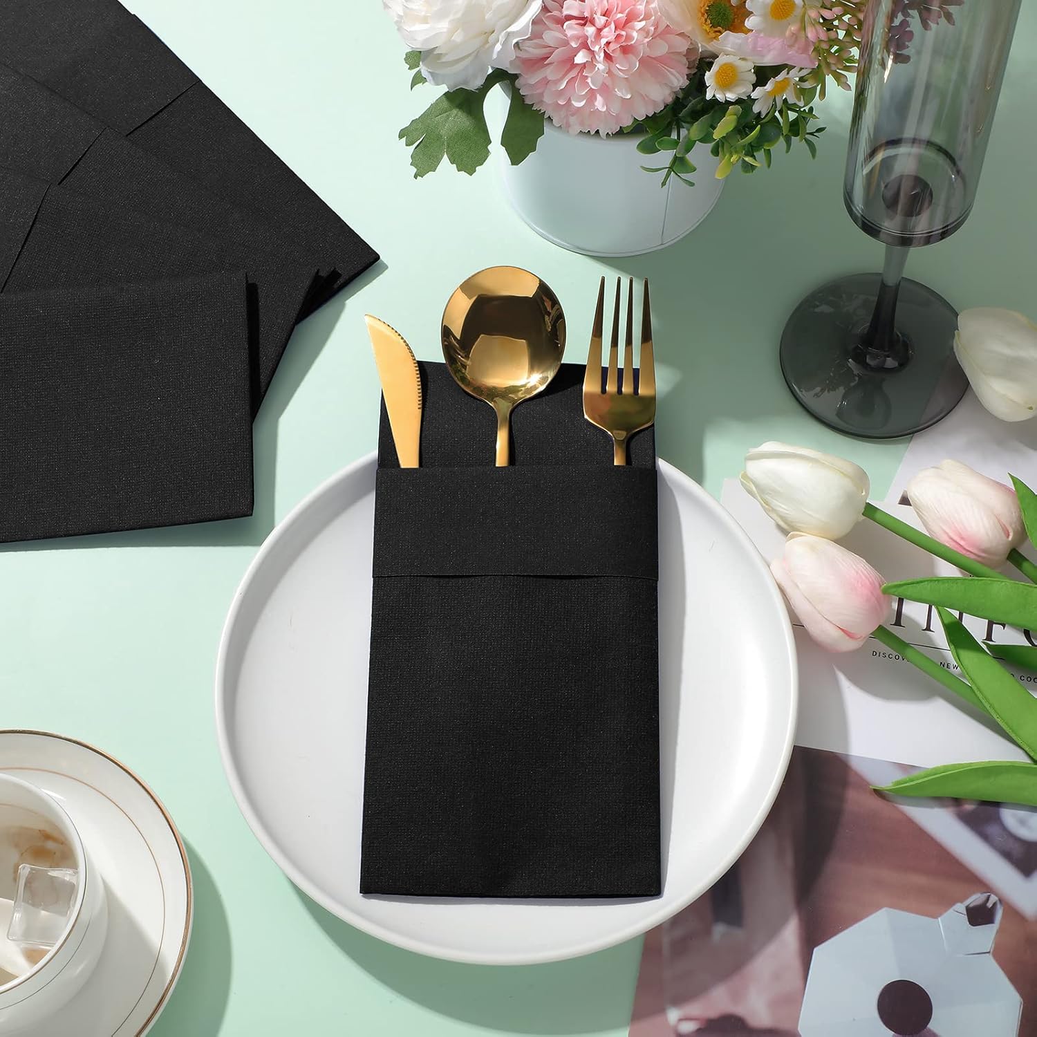 Cindeer 150 Pcs Black Linen Dinner Feel Napkins with Built in Flatware Pocket Prefolded Paper Disposable Airlaid Guest Hand Towel for Silverware Wedding Reception Christmas Baby Shower