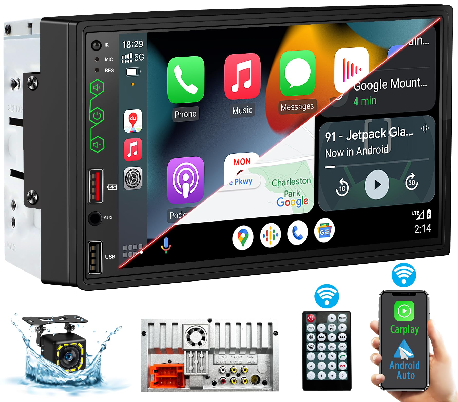 [Upgraded DSP] 7'' Wireless Double Din Car Stereo Apple Carplay Android Auto, 240W Enhanced DSP Sound, FM/AM Radio, 7 Inch LCD Ultra HD Touchscreen, Bluetooth Handsfree, Waterproof Backup Camera, SWC