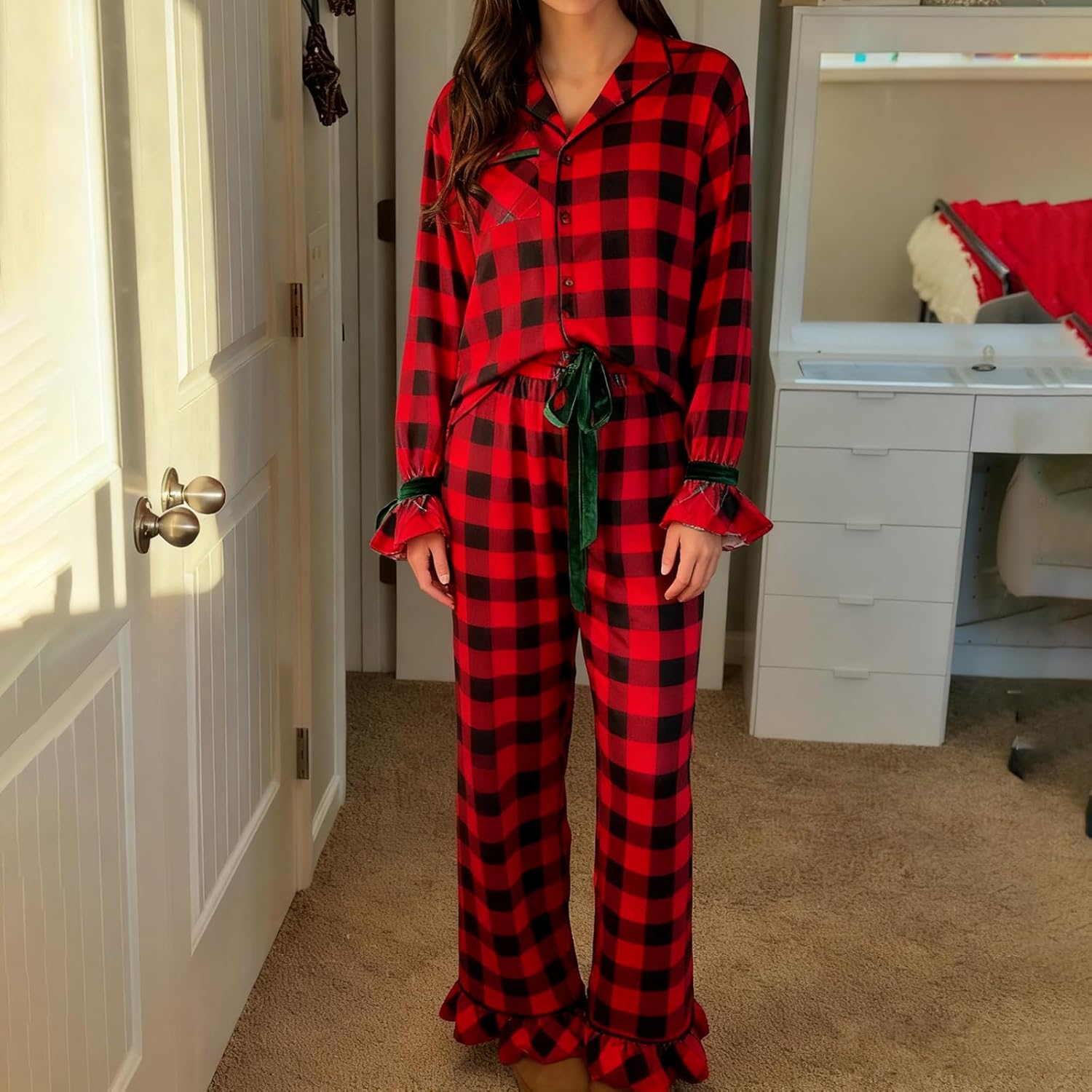 Springcmy Christmas Pajamas for Women Bow Tie Long Sleeve Shirt Pants Satin Silk Xmas 2 Piece Pjs Set Sleepwear - Image 3