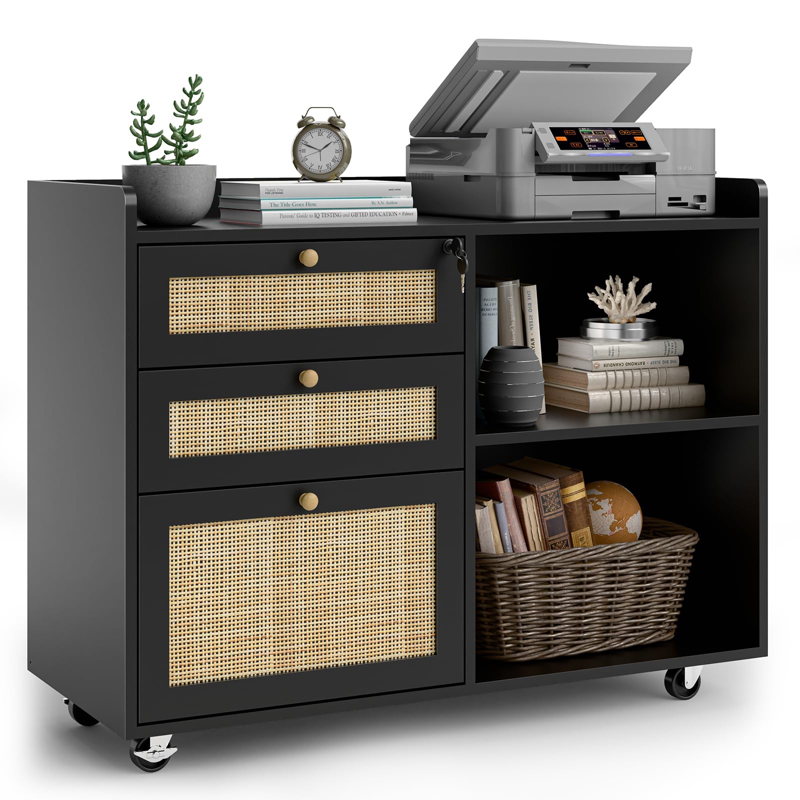 File Cabinets, 3 Rattan Drawer Lateral Filing Organization Storage Cabinets with Lock, Rolling Printer Stand Home Office Organizer for Hanging Files Letter/Legal/A4 Size (Rattan Black Color, XL)