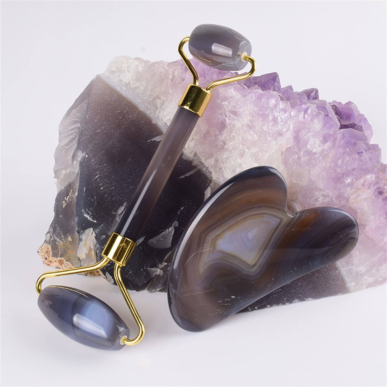 BAWHO Jade Roller Gua Sha Massage Set Natural Agate Gouache Stone Board Anti Aging Face Massager Skin Beauty Care Lifting Tool 1Set