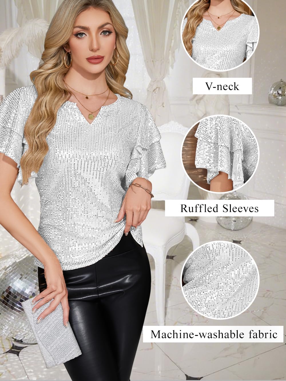 Women Sparkle Sequin Tops Glitter V Neck Blouse Tiered Ruffles Sleeve Cocktail Soiree Evening Party Disco Club Shirt - Image 4