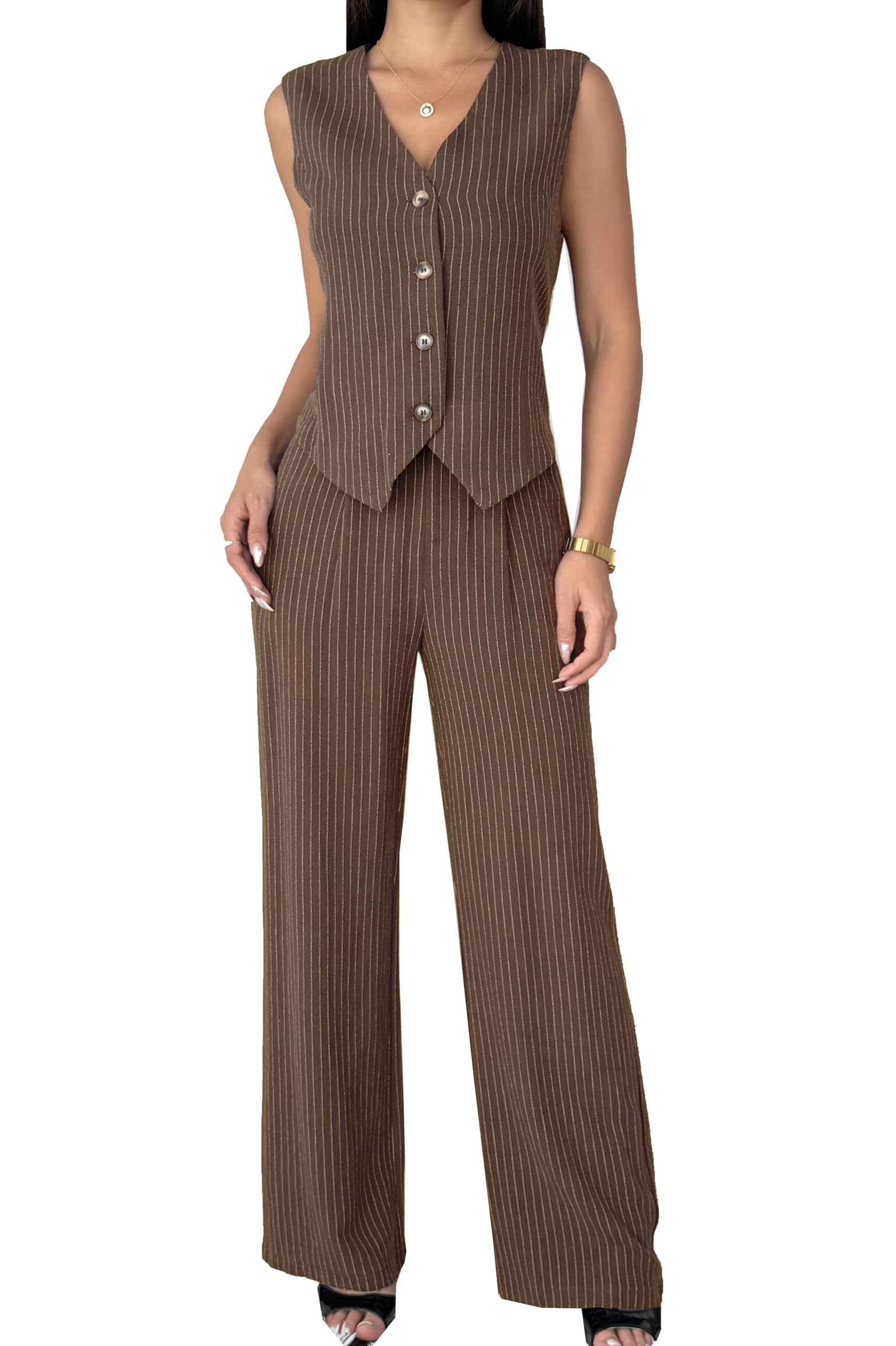 Womens 2 Piece Outfits Linen Vest Waistcoat Dressy Casual Sets Wide Leg Pants Suits