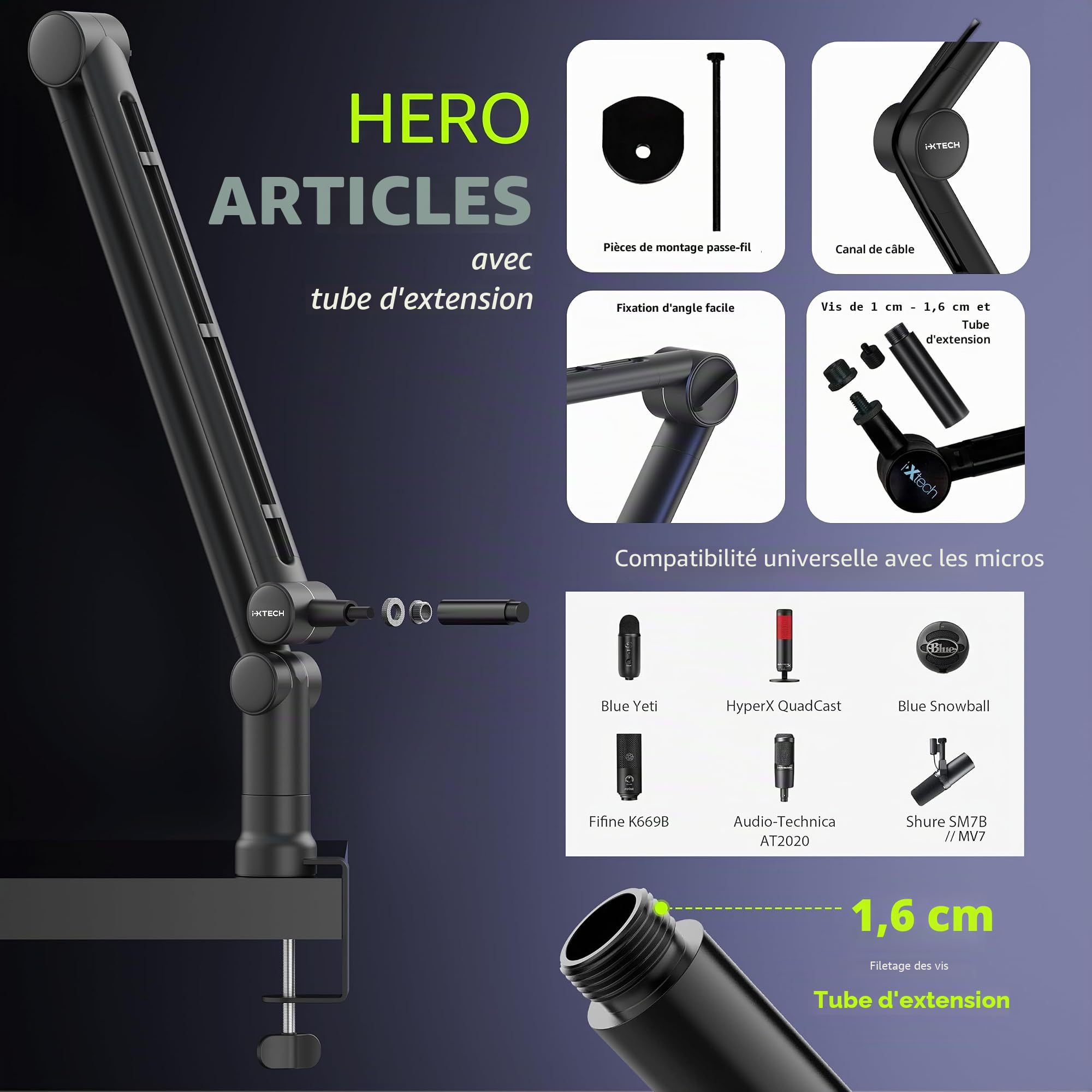 IXTECH Support de micro avec tube d'extension amélioré pour Shure SM7B MV7 Blue Yeti - Bras de microphone robuste en acier inoxydable - Support de bureau pliable pour podcast et jeux