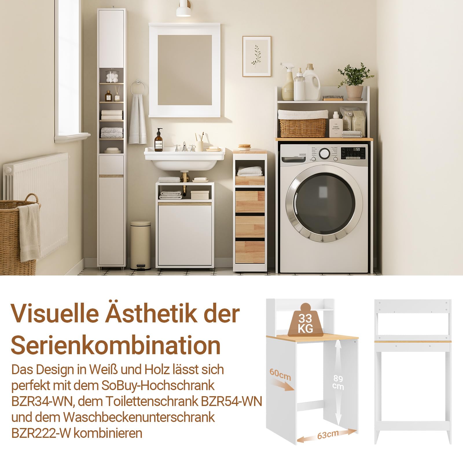 SoBuy Waschmaschinenschrank mit Fallschutz 66x60x127cm für Waschküche & Bad | Waschmaschinenregal Überbau, Badezimmerschrank mit Ablage, Trocknerschrank Stabil, Weiß Natur BZR224-WN