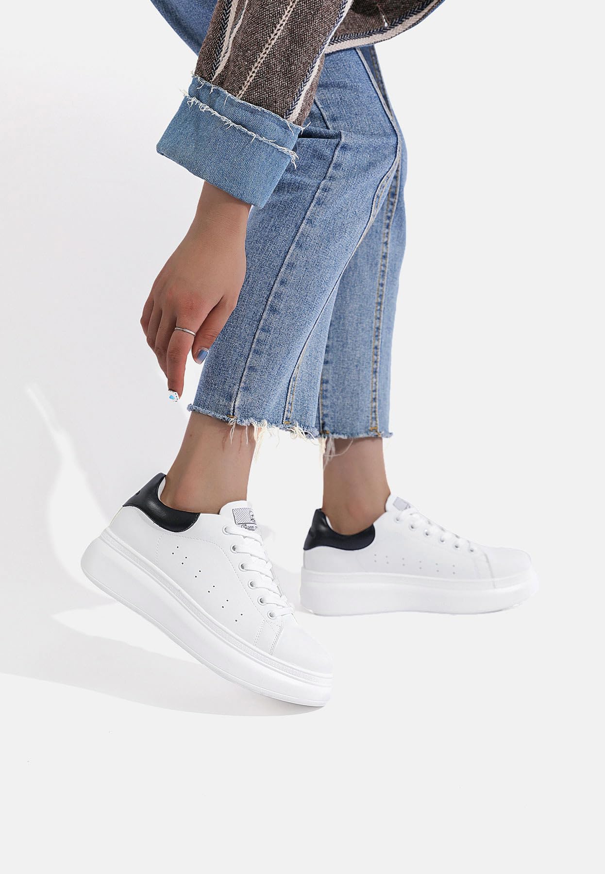 QUEEN HELENA Scarpe da Ginnastica Casual Platform Sneakers Plateau Lacci Comode Bianche Donna