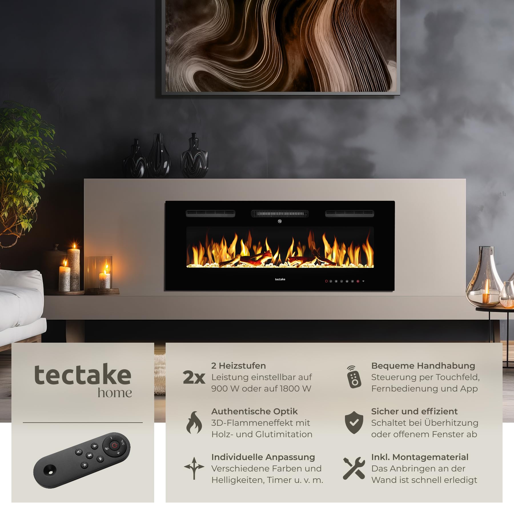 tectake® Elektrokamin Wand, elektrischer Kamin, 2 Heizstufen 900W/1800W, 3D Flammeneffekt, viele Farbeinstellungen, Kamin elektrisch mit Fernbedienung, App Steuerung, Thermostat - 106,5 x 12 x 43 cm