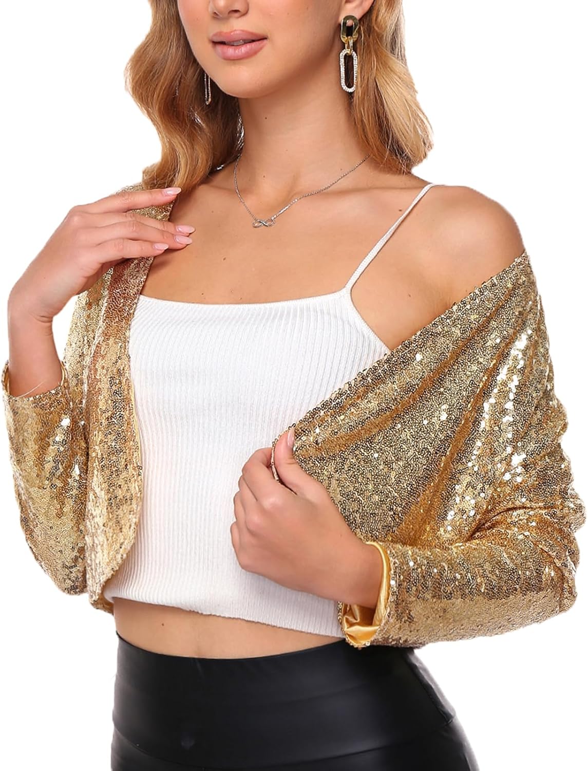 Women's Sequin Shrug Jacket Long Sleeve Open Front Glitter Blazer Bolero Wedding Party Sparkly Cropped Cardigan