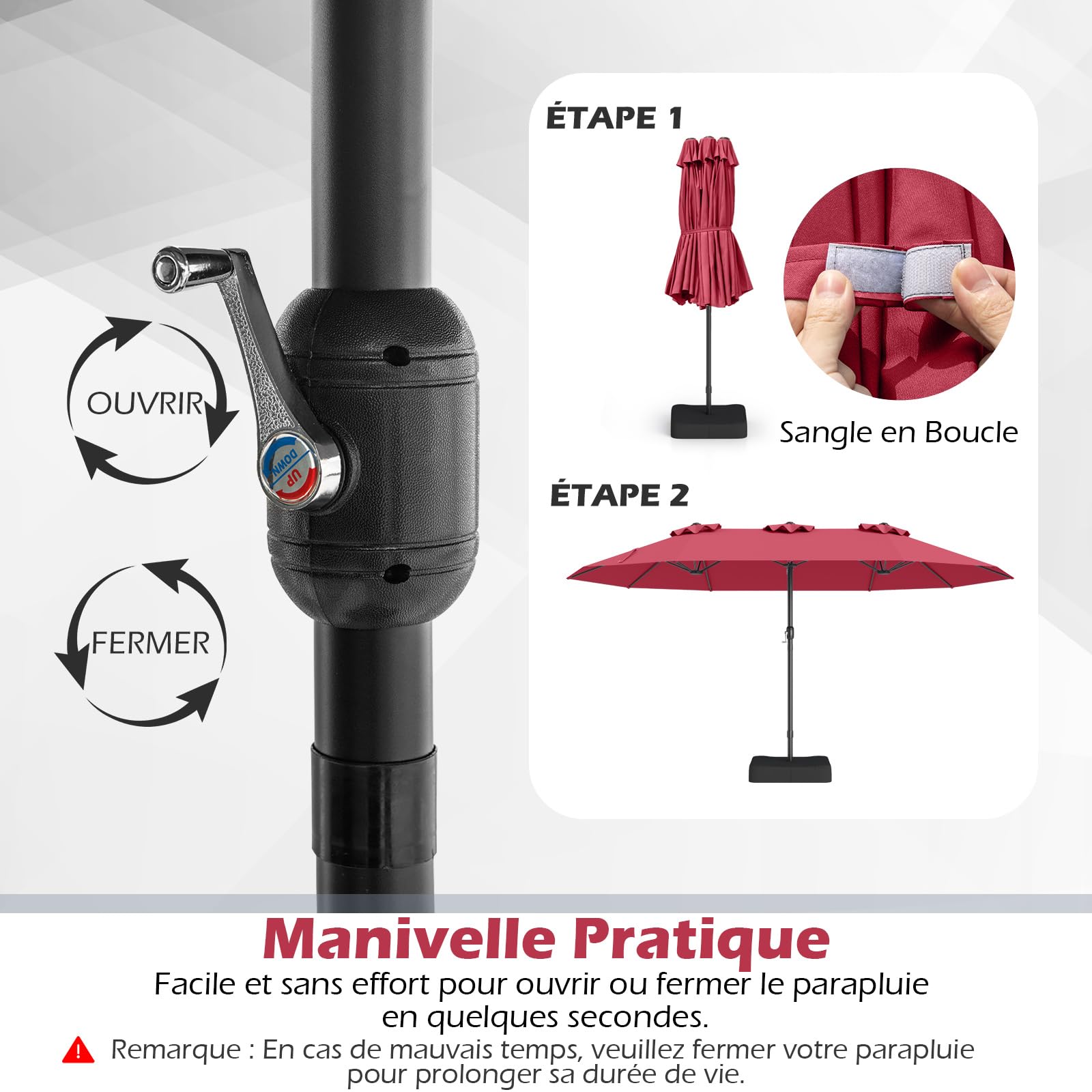 COSTWAY Parasol de Jardin Exterieur avec Pied, Parasol Double Face 4 M Rectangulaire pour 6-8 Personnes avec 2 Sacs de Sable, Manivelle, Ventilation, pour Terrasse, Patio, Piscine, Balcon, Bordeaux