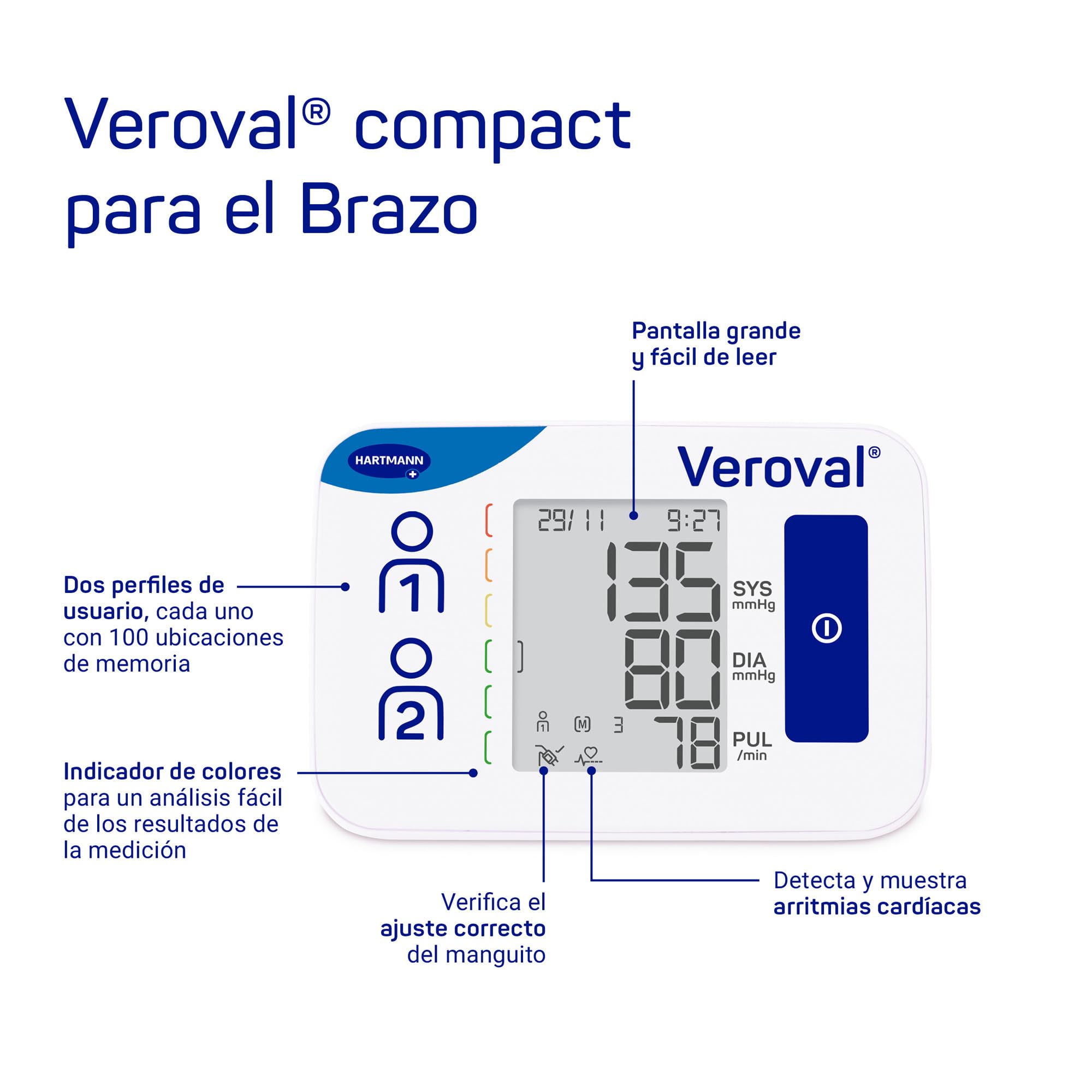 VEROVAL, Tensiómetro de Brazo Digital Compact, Tensión Arterial, Medir la Presión Arterial, Medición Rápida y Precisa, Ergonómico, 200 Lecturas, Talla Universal