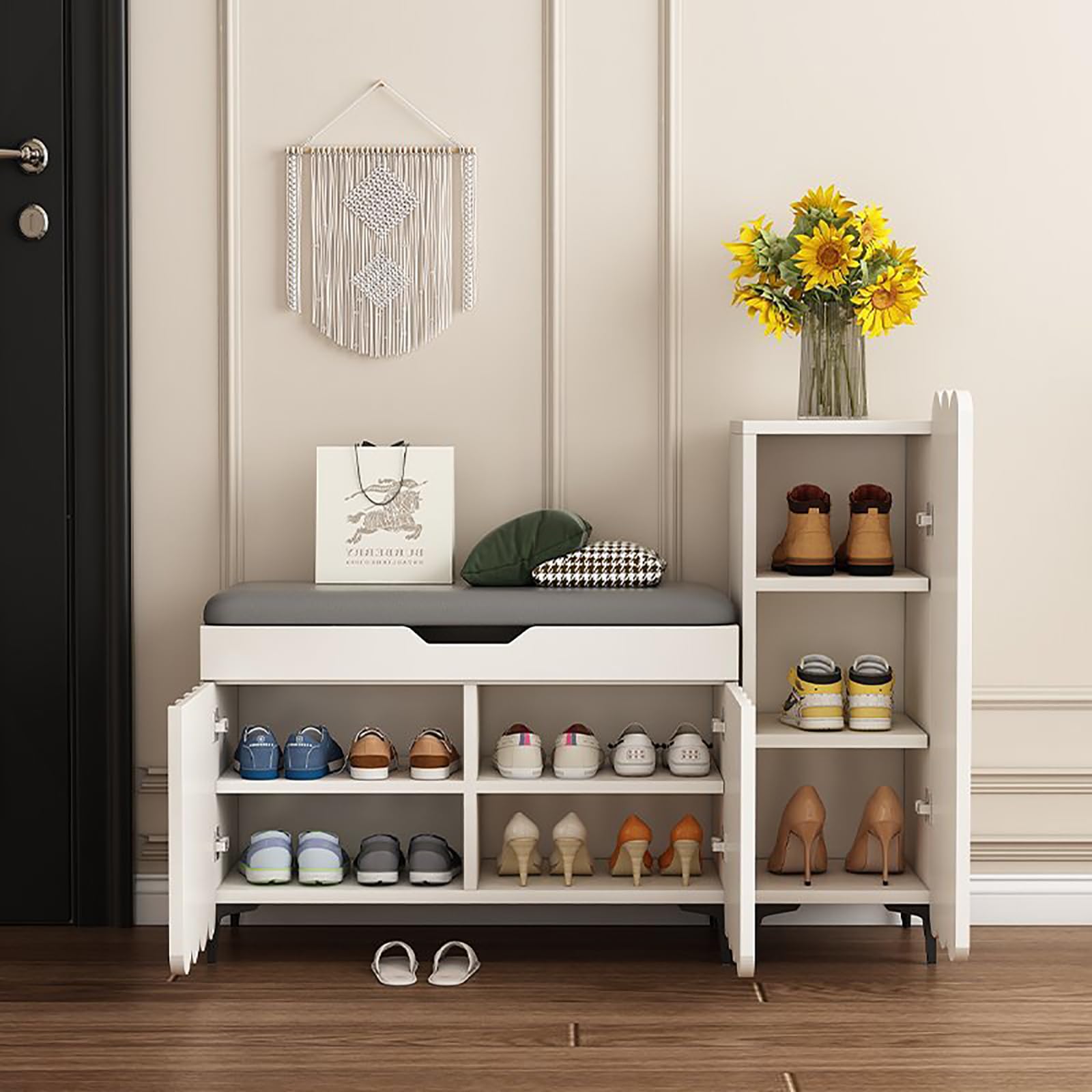 Slish - Zapatero de madera con parte superior elevable, estantes acolchados y puertas, perfecta entrada (80 + 30 cm de ancho)