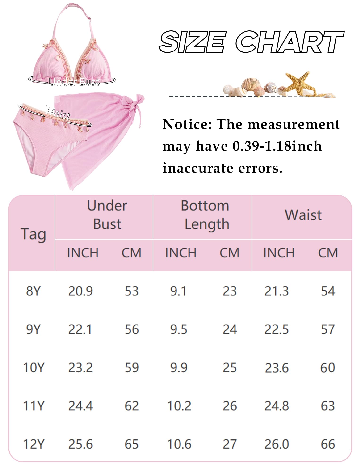 Maeau Costume da bagno da bambina, 3 pezzi, in stile bohémien, con motivo a conchiglie, con scollo all'americana, grazioso slip con copricostume, per bambine di 8-12 anni
