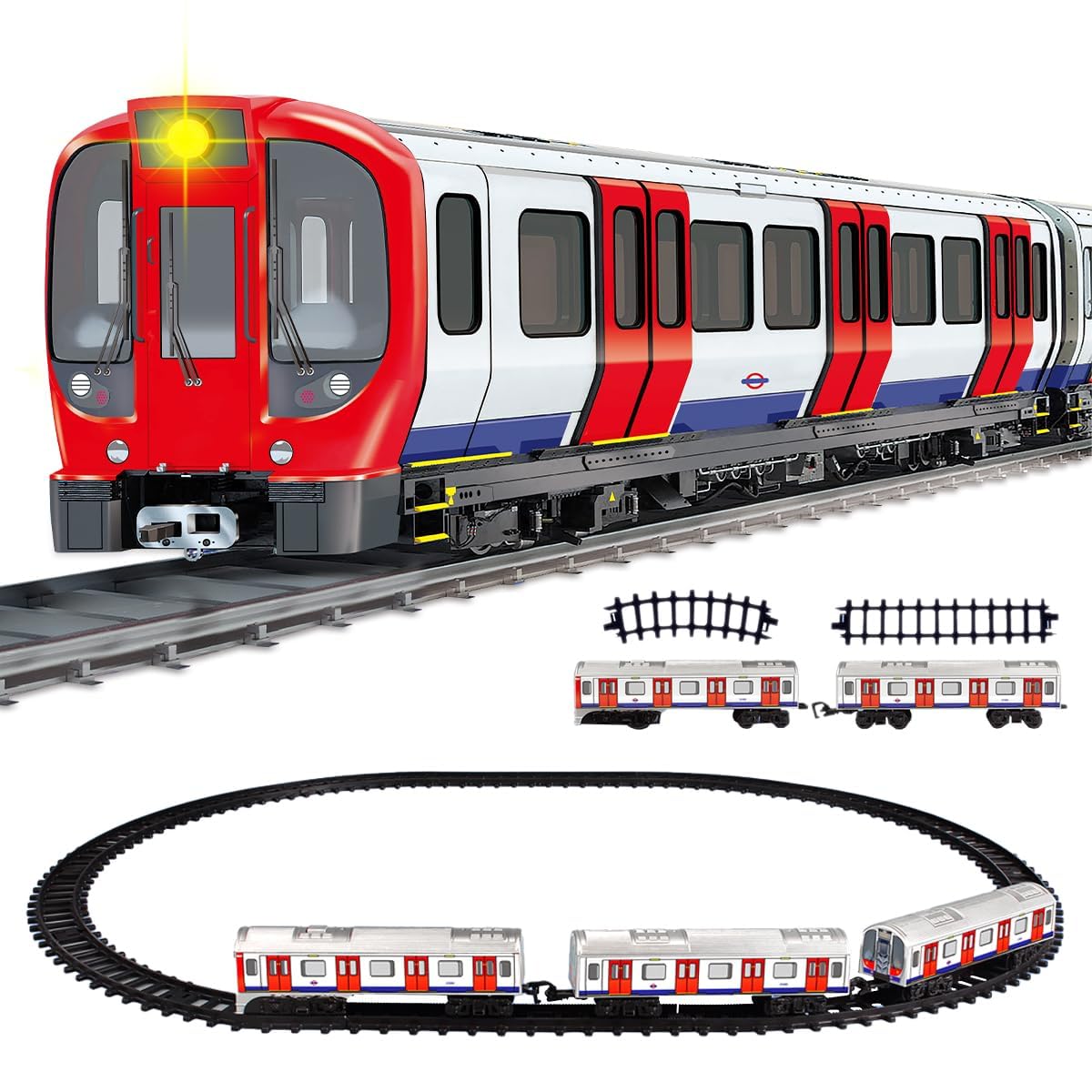 Xwin Electric Train Set for Kids - 17 PCs London Train Toy with Carriages, Realistic Lights & Sounds Battery Operated Underground Tube London Railway Model Gift Set for Children 3+ Years