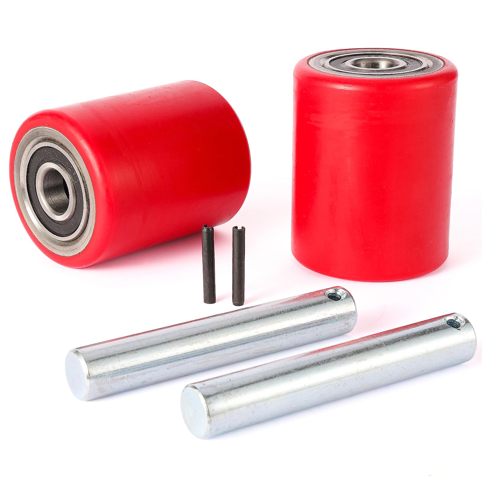 Two Packs of Pallet Jack/Truck Wheels 3” x 3.75” PU Poly Tread, 20mm ID Bearings, Full Set with Axles, Pins and Entry Exit Roller