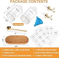Vista 2 de Dispensador de jarabe de café para barra de café, botella de vidrio de 500ml 16.9oz con cuchara de café dorada, dispensador de jarabe de café con 36